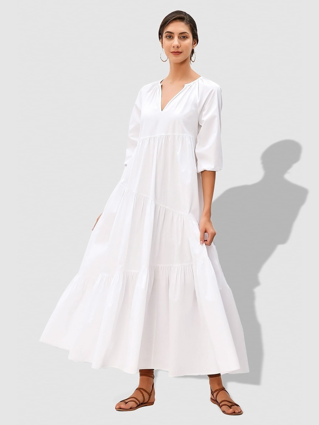 

Zapelle V-Neck Tiered Maxi Dress, White