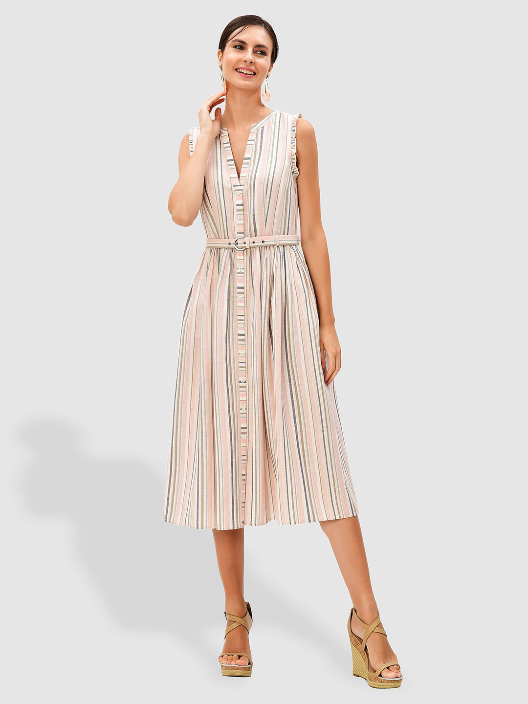 

Zapelle Band Collar Striped Linen A-Line Midi Dress, White