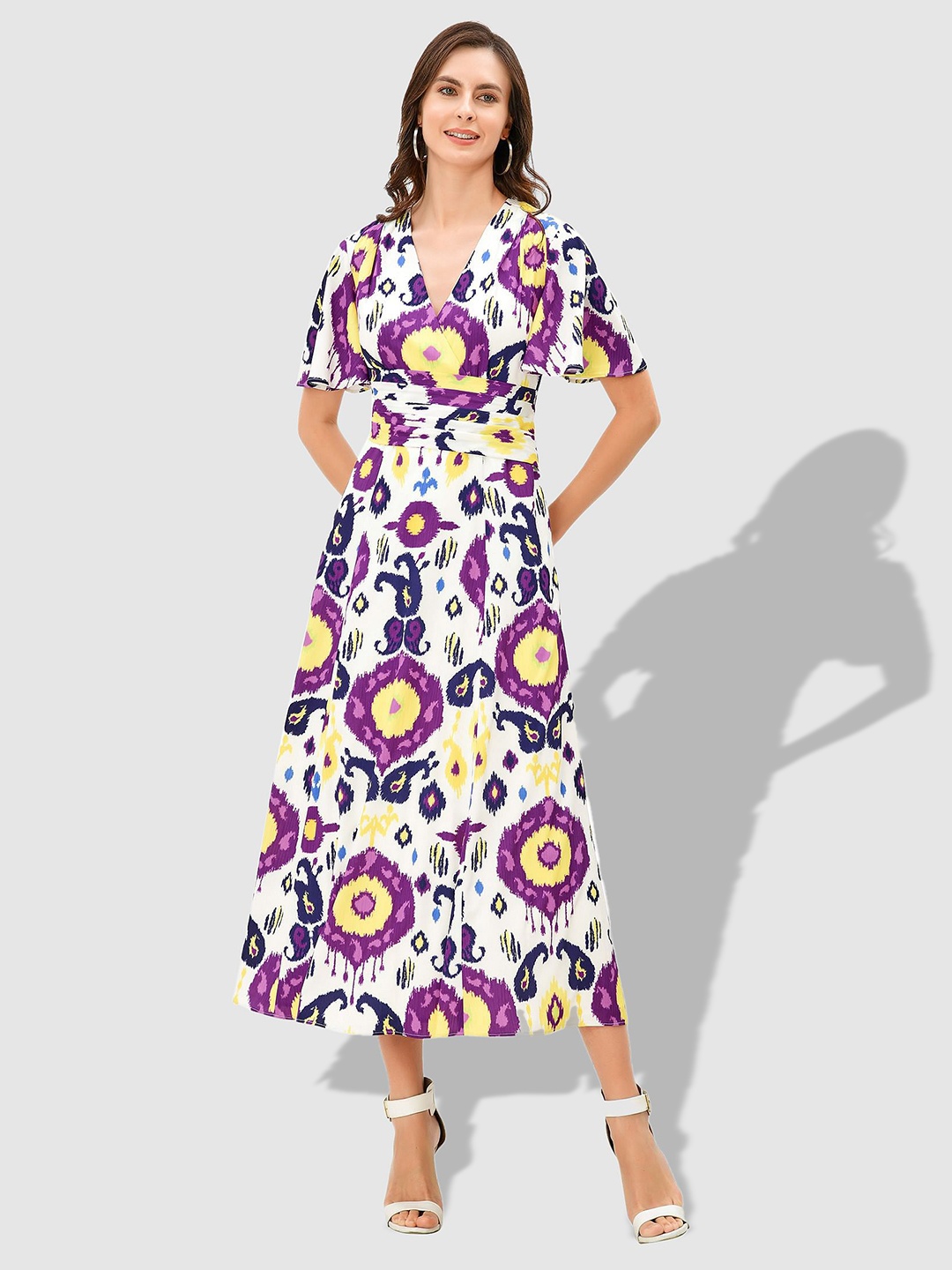 

Zapelle V-Neck ikat Printed Crepe A-Line Midi Dress, White