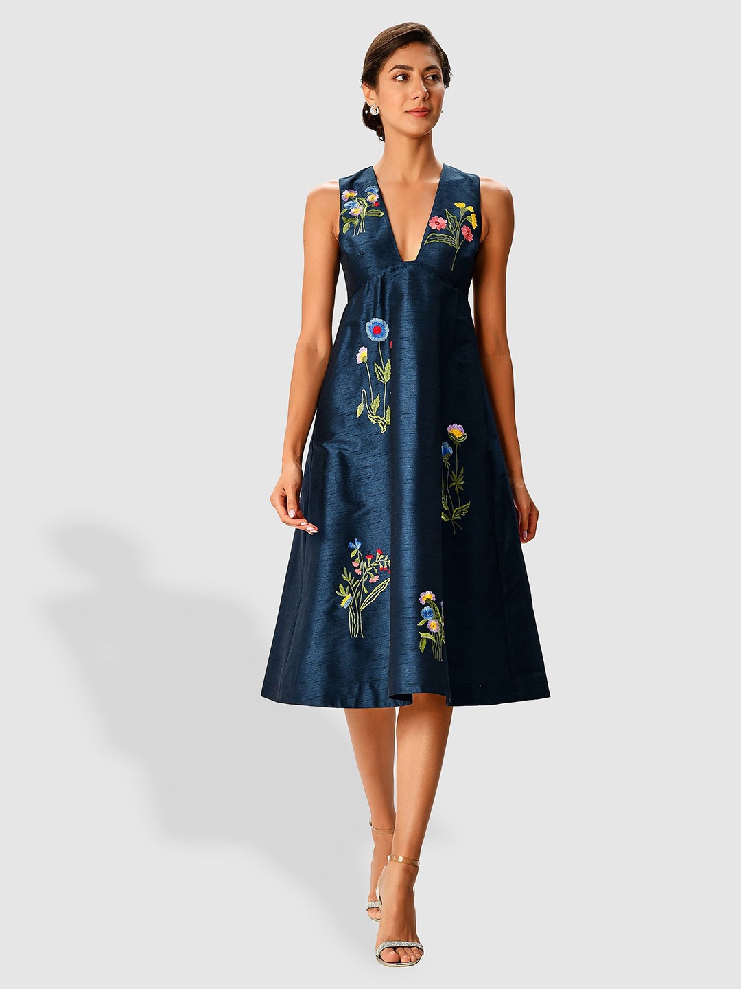 

Zapelle Navy Blue Floral Print A-Line Dress