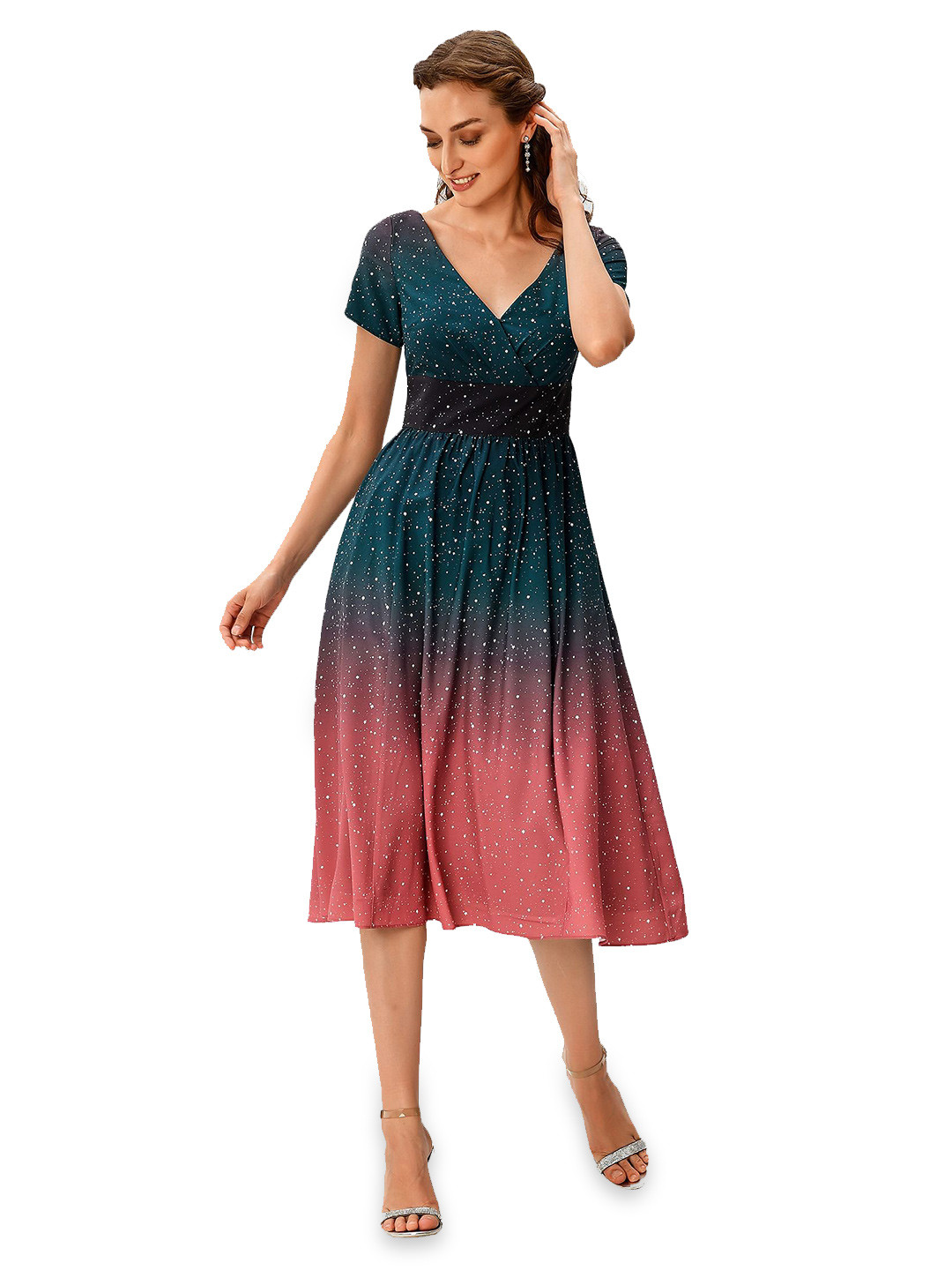

Zapelle V-Neck Star Printed Crepe Fit & Flare A-Line Midi Dress, Green