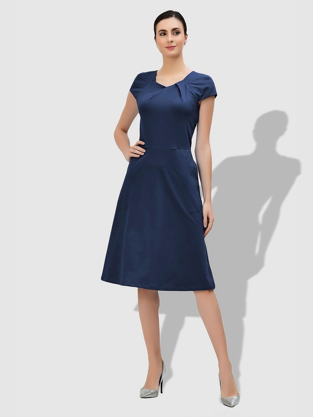 

Zapelle Square Neck Pleat Cotton A-Line Dress, Navy blue