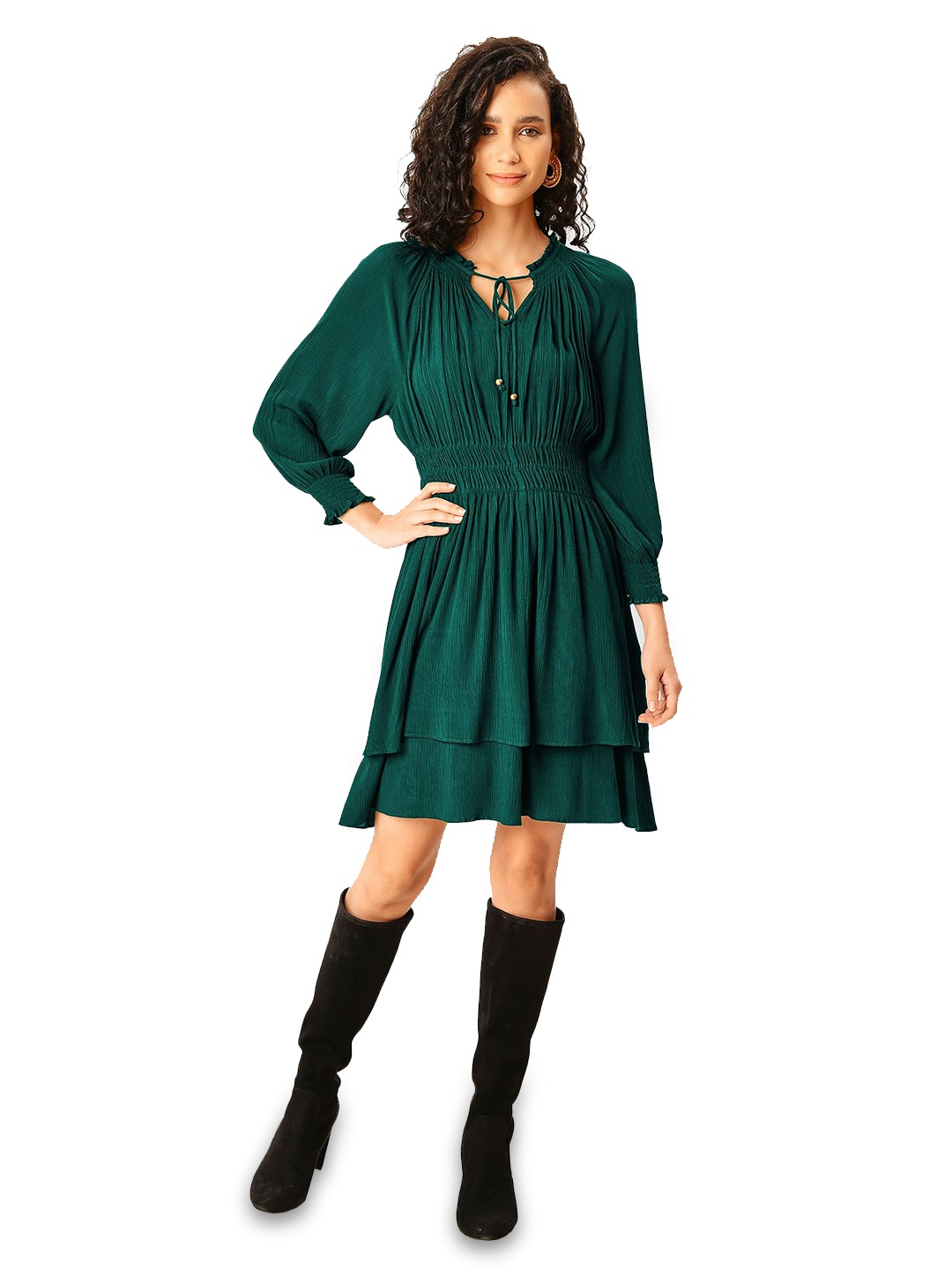 

Zapelle Tie-Up Neck Puff Sleeve Smocked Layered Fit & Flare Dress, Green