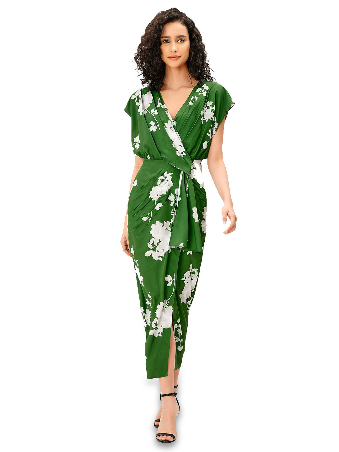 

Zapelle V-Neck Floral Printed Front Slit Crepe Wrap Dress, Green
