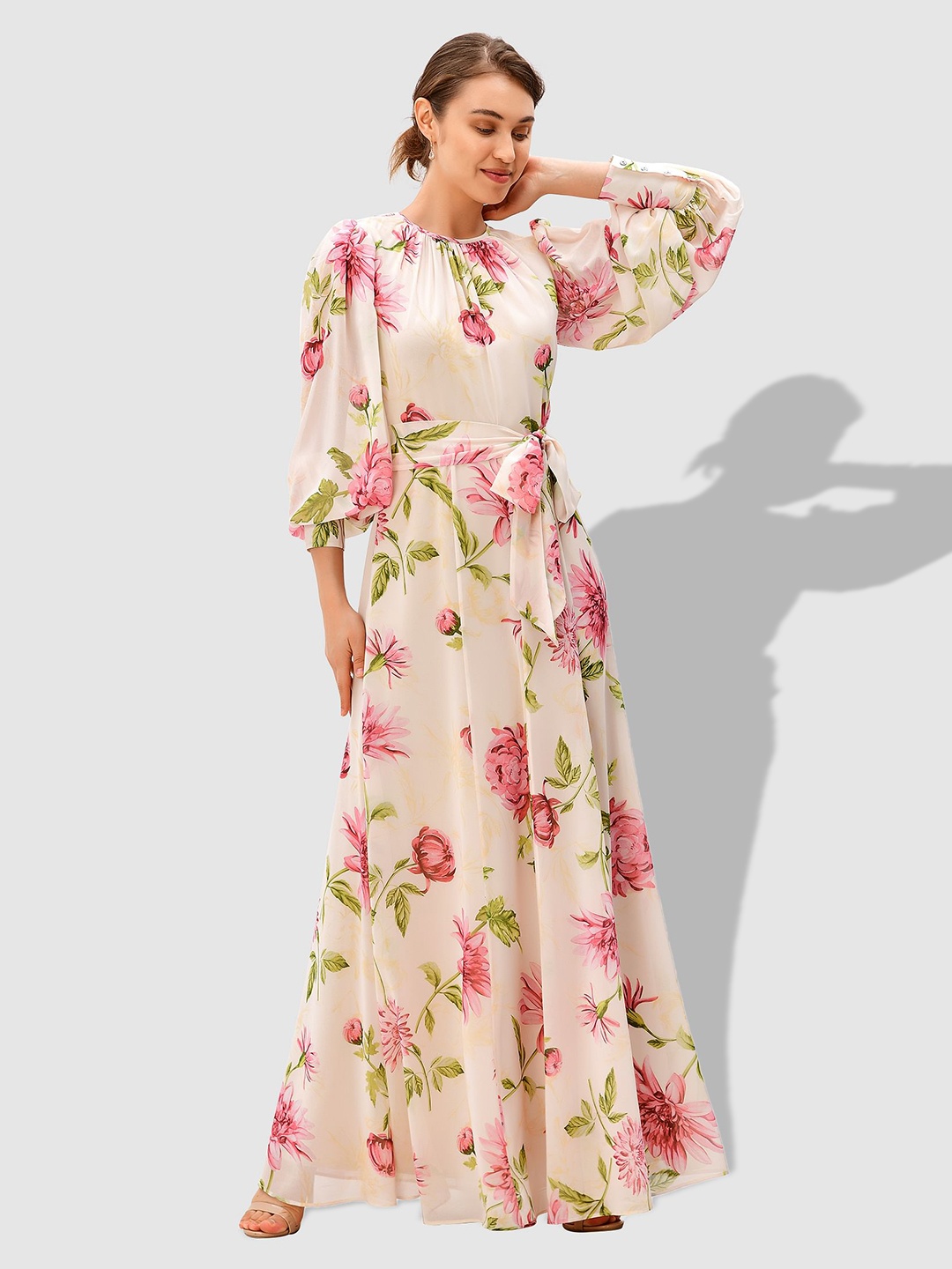 

Zapelle Floral Print Puff Sleeve Tir Up Georgette Fit And Flare Dress, Off white