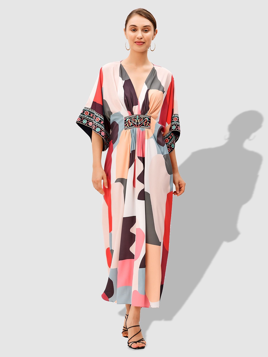 

Zapelle V-Neck Abstract Printed Crepe Kaftan Dress, Peach