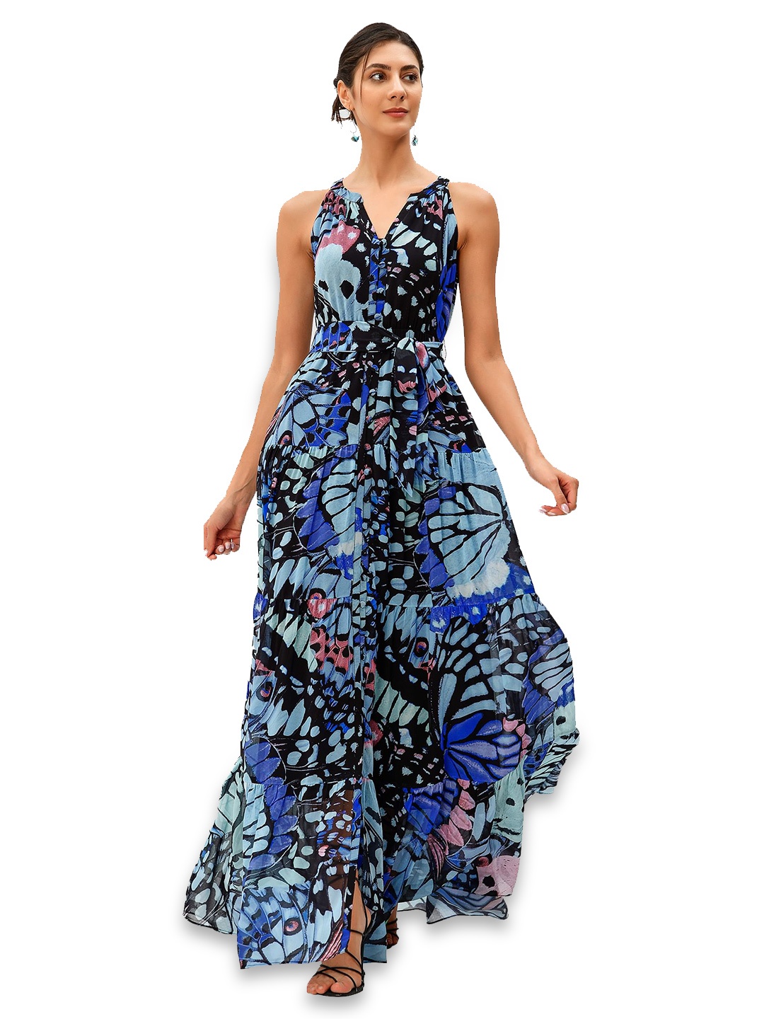 

Zapelle Shoulder Straps Butterfly Printed Tiered Front Slit Georgette Maxi Dress With Belt, Blue