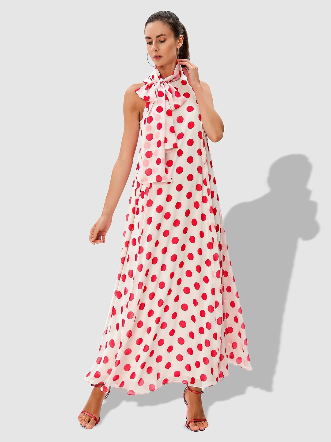 

Zapelle Tie Up Neck Polka Dot Printed Georgette Maxi Dress, Off white