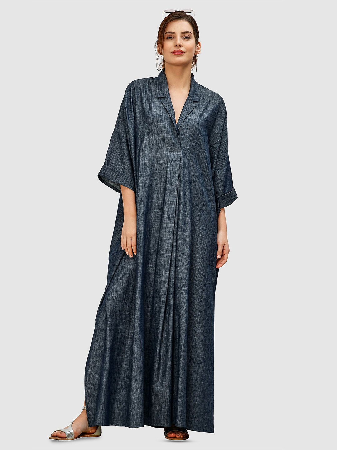 

Zapelle Spread Collar Cotton Chambray Maxi Dress, Blue