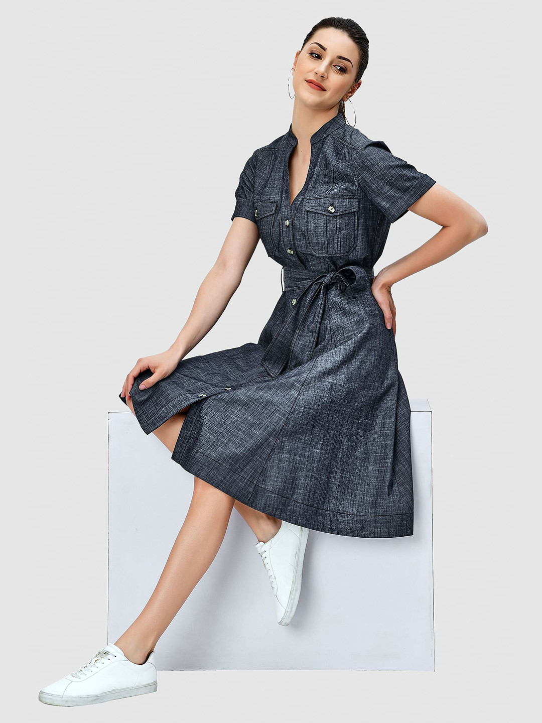 

Zapelle Band Collar Pocket Details Cotton Chambray Shirt Dress With Belt, Blue