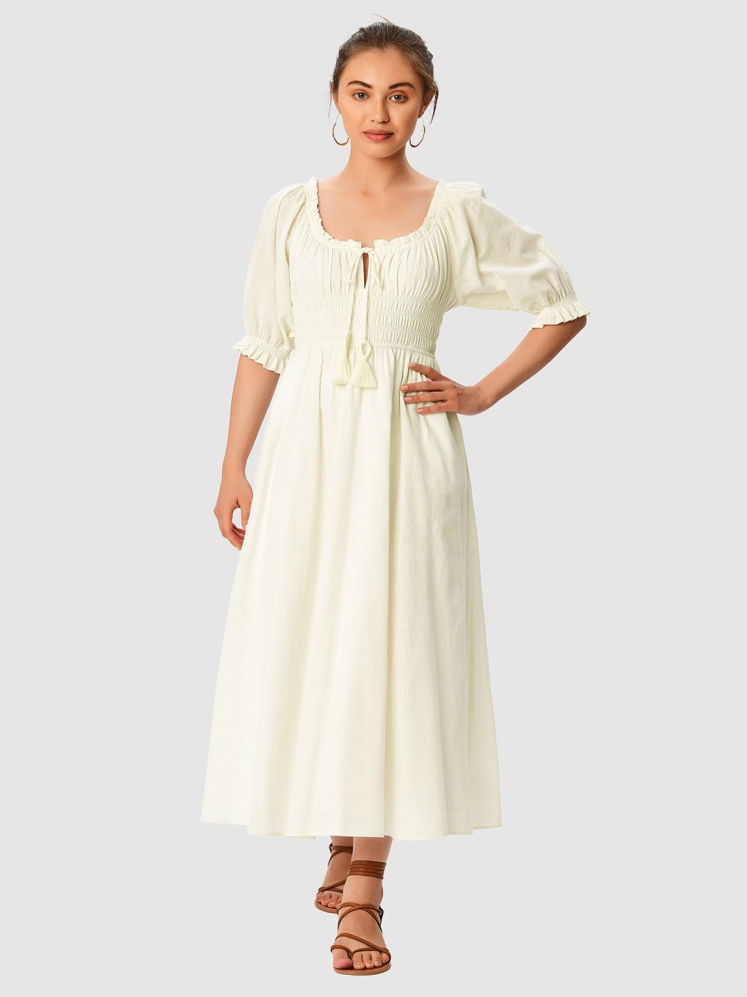 

Zapelle Tie Up Neck Smocked Cotton Fit & Flare Midi Dress, Off white
