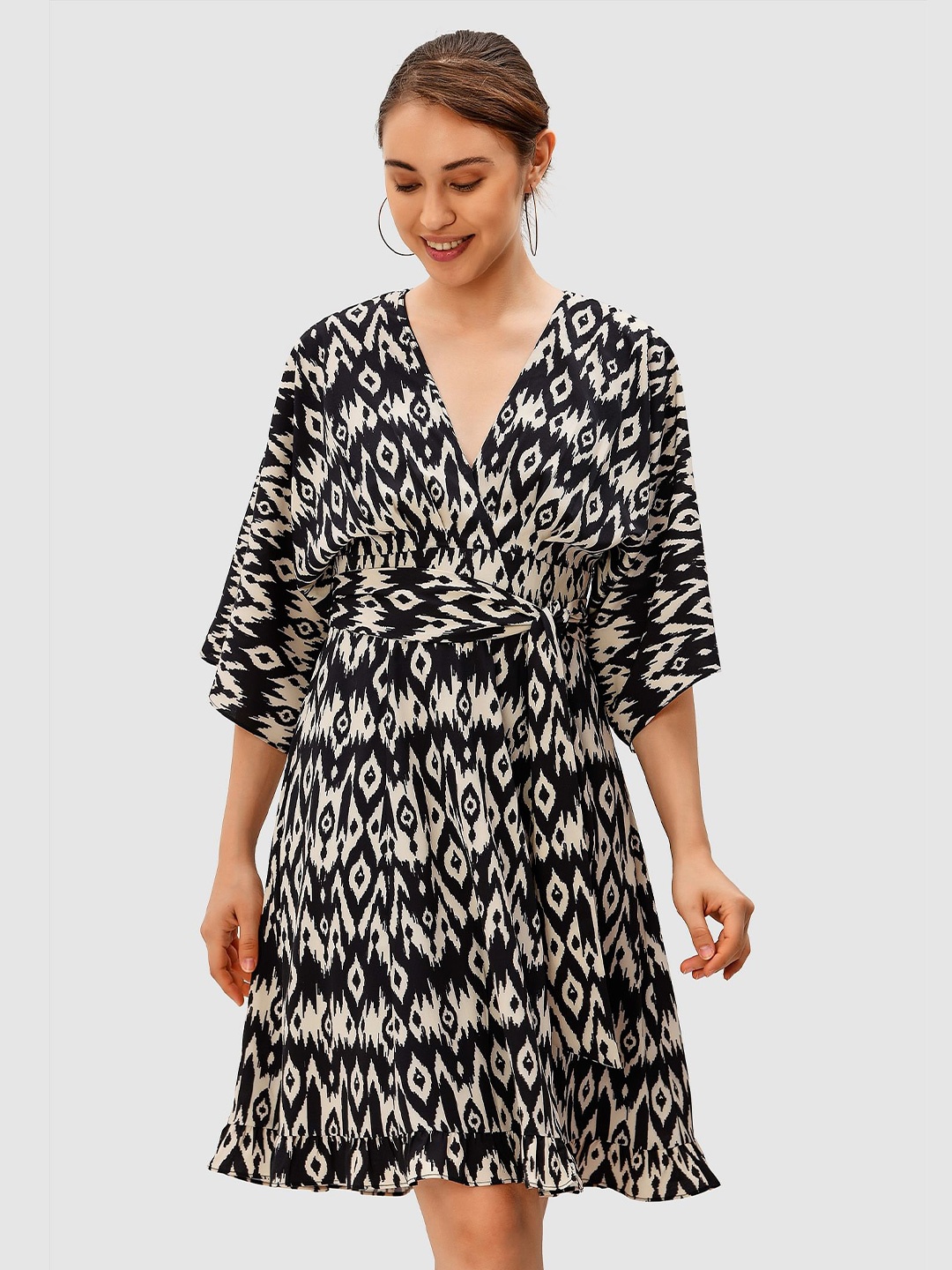 

Zapelle V-Neck Ikat Printed Crepe Wrap Dress With Belt, Off white