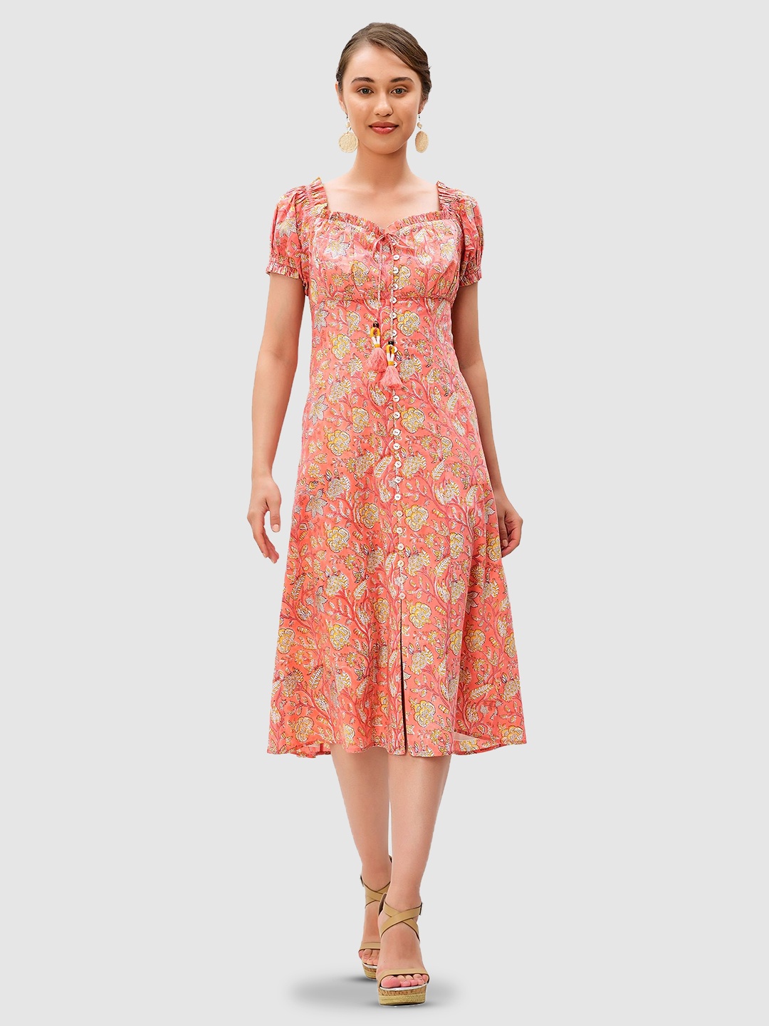 

Zapelle Tie Up Neck Floral Printed Puff Sleeve A-Line Cotton Midi Dress, Peach