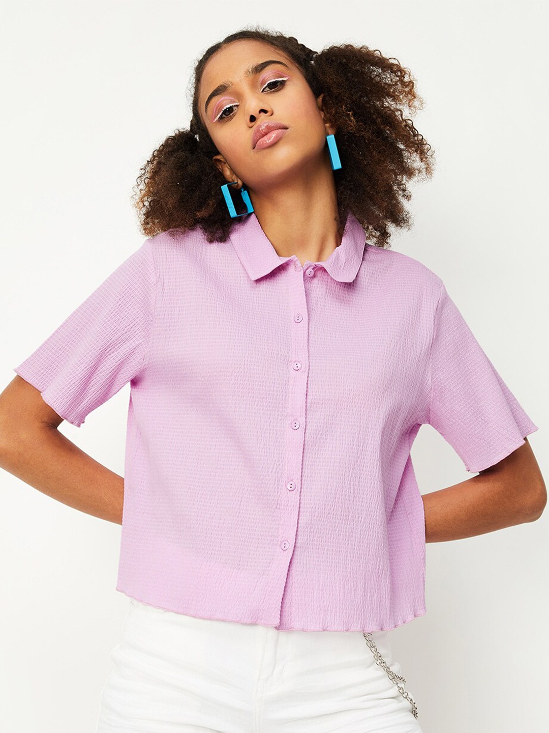 

max Textured Short Sleeves Spread Collar Casual Shirt, Purple