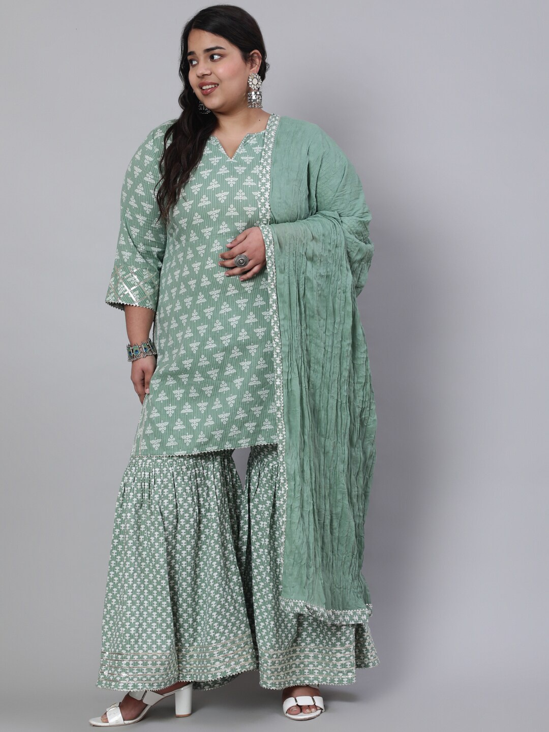 

Jaipur Kurti Ethnic Motifs Printed Pure Cotton Kurta & Trousers With Dupatta, Green