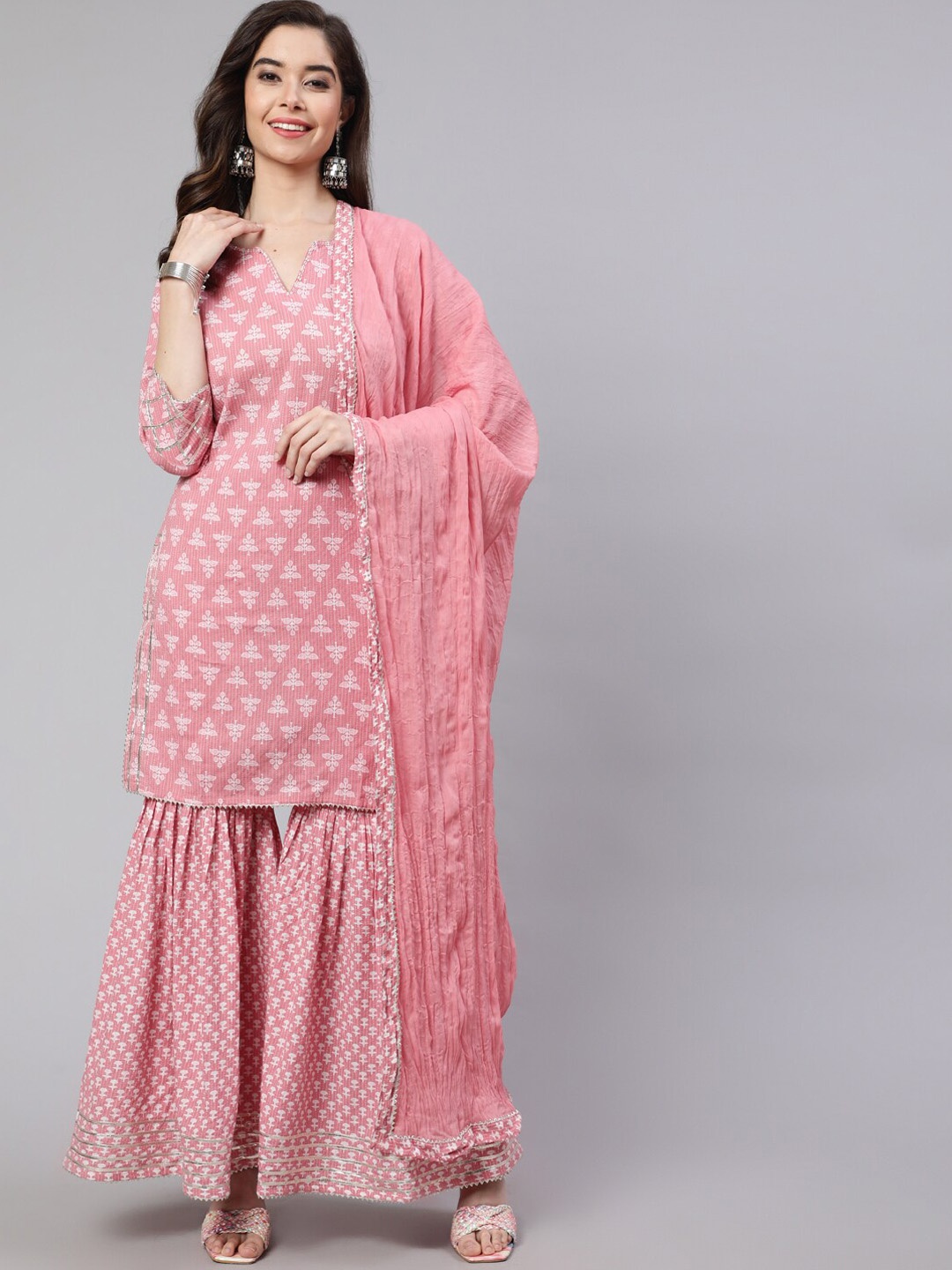 

Jaipur Kurti Ethnic Motifs Printed Notched Neck Pure Cotton Kurti With Sharara & Dupatta, Pink