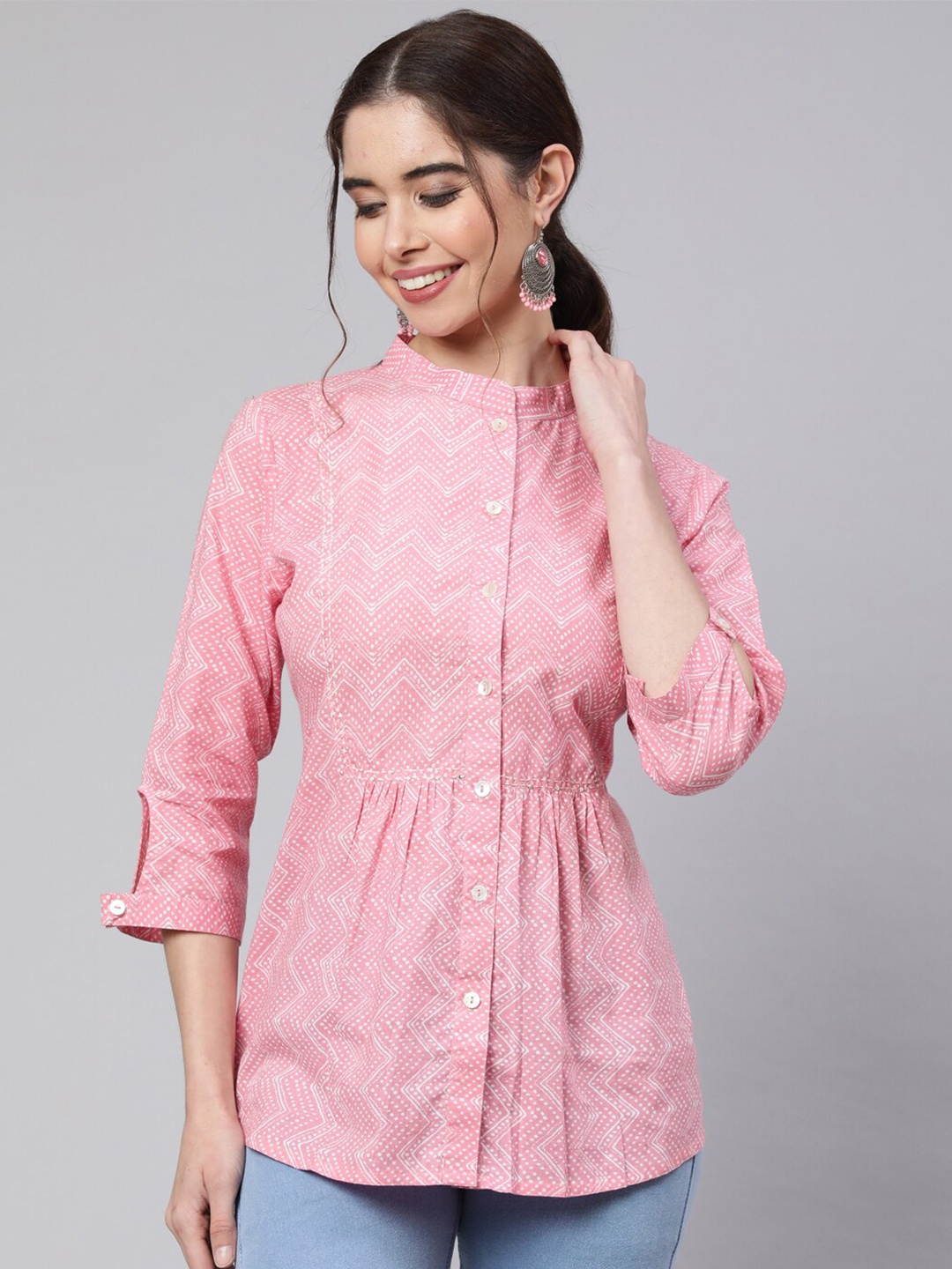 

Jaipur Kurti Geometric Printed Mandarin Collar Shirt Style Cotton Top, Pink