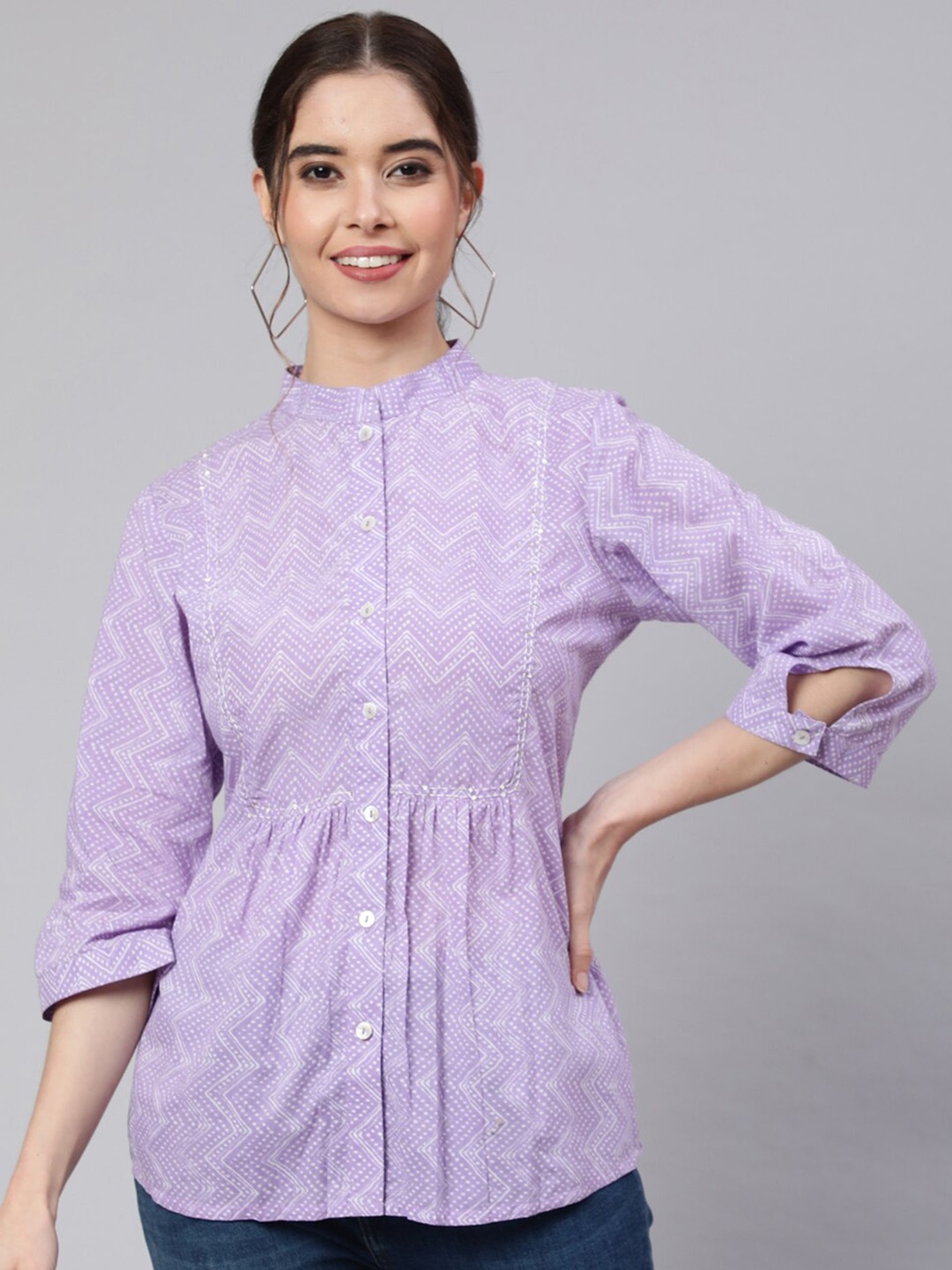 

Jaipur Kurti Embroidered Mandarin Collar Shirt Style Top, Lavender