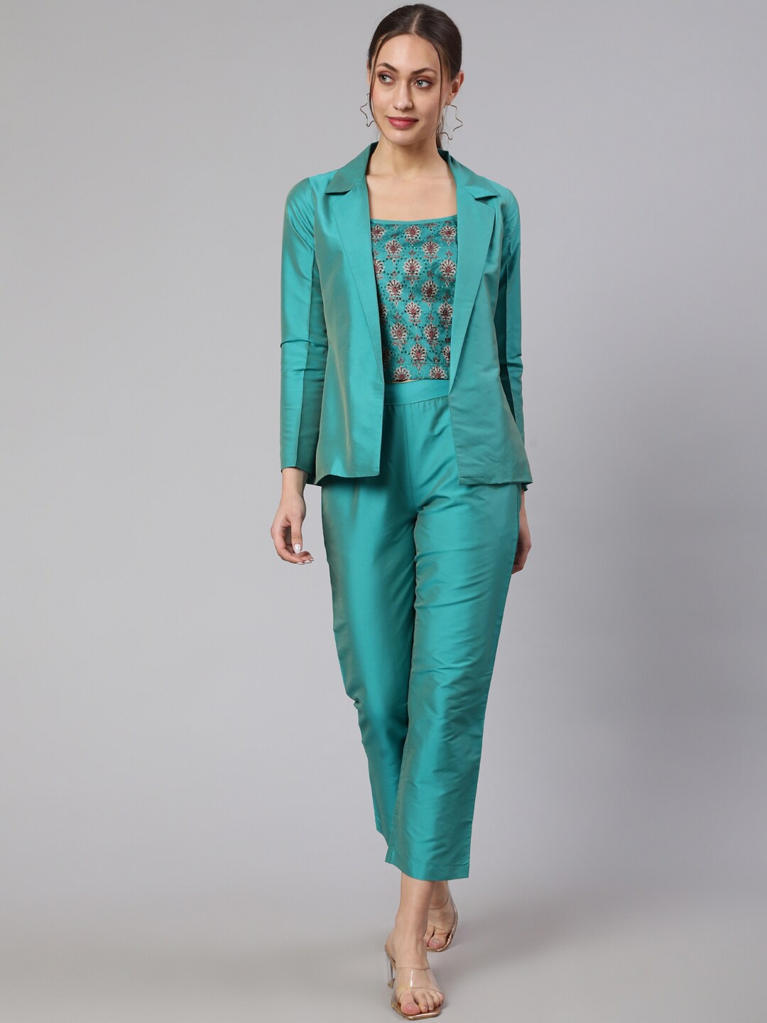

Jaipur Kurti 3 Pieces Square Neck Crop Top Trouser & Jacket, Turquoise blue