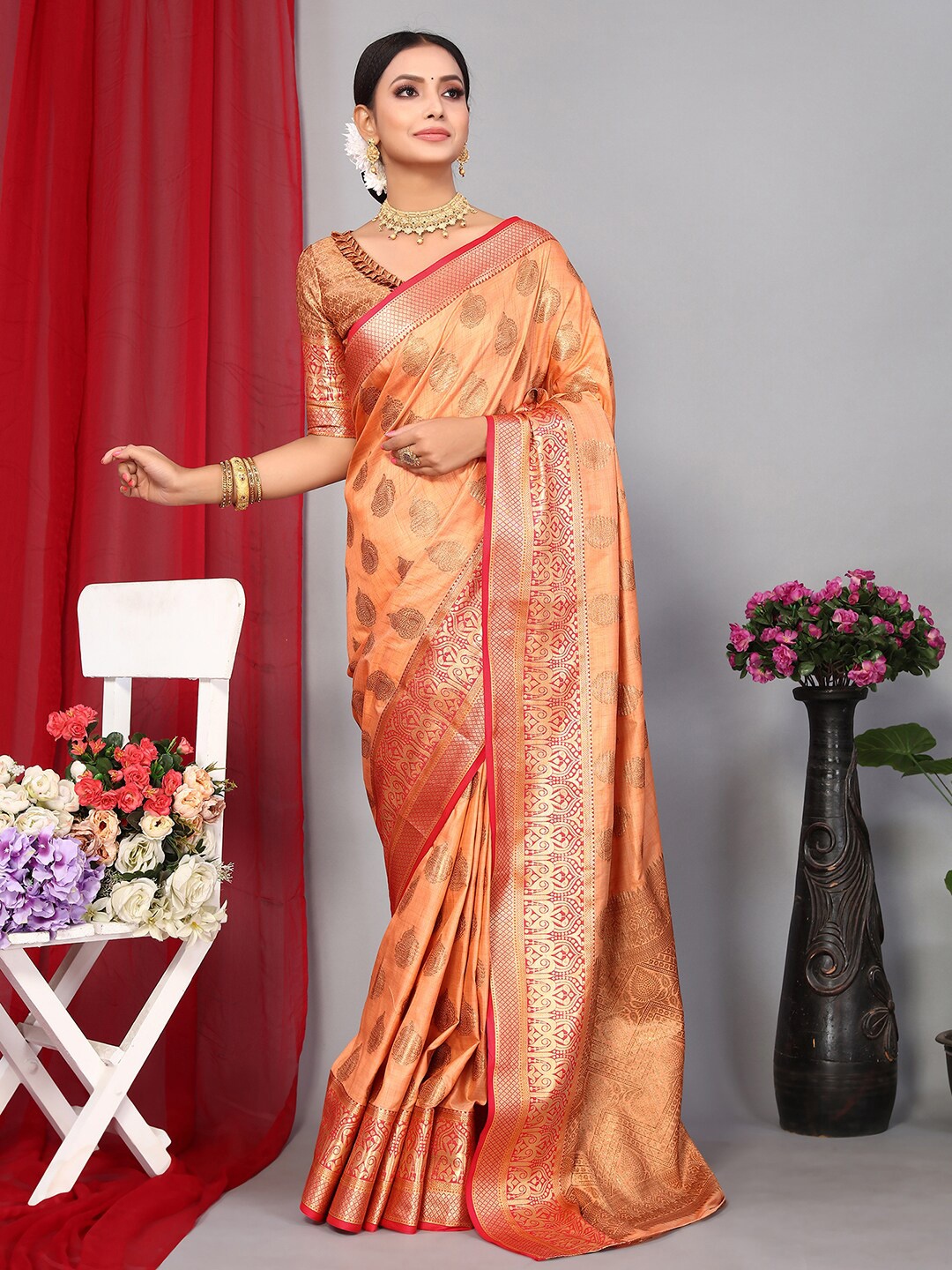

Satrani Ethnic Motifs Woven Design Zari Banarasi Saree, Orange