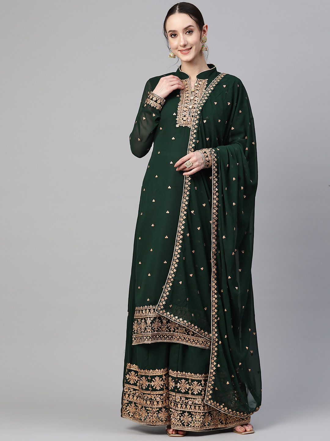 

Readiprint Fashions Floral Zari Embroidered Semi-Stitched Dress Material, Green