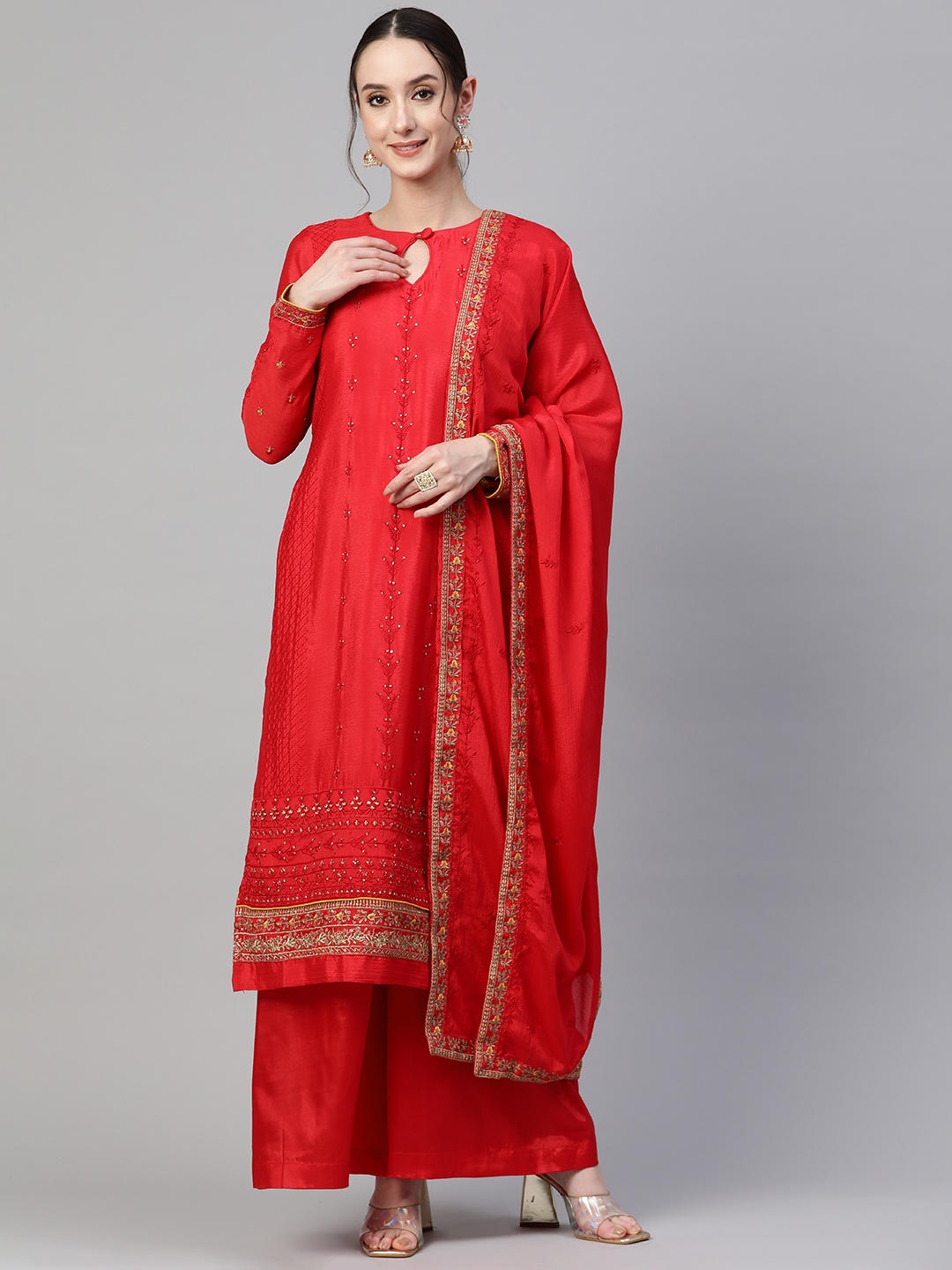 

Readiprint Fashions Beads & Stones Embroidered Silk Crepe Semi-Stitched Dress Material, Red
