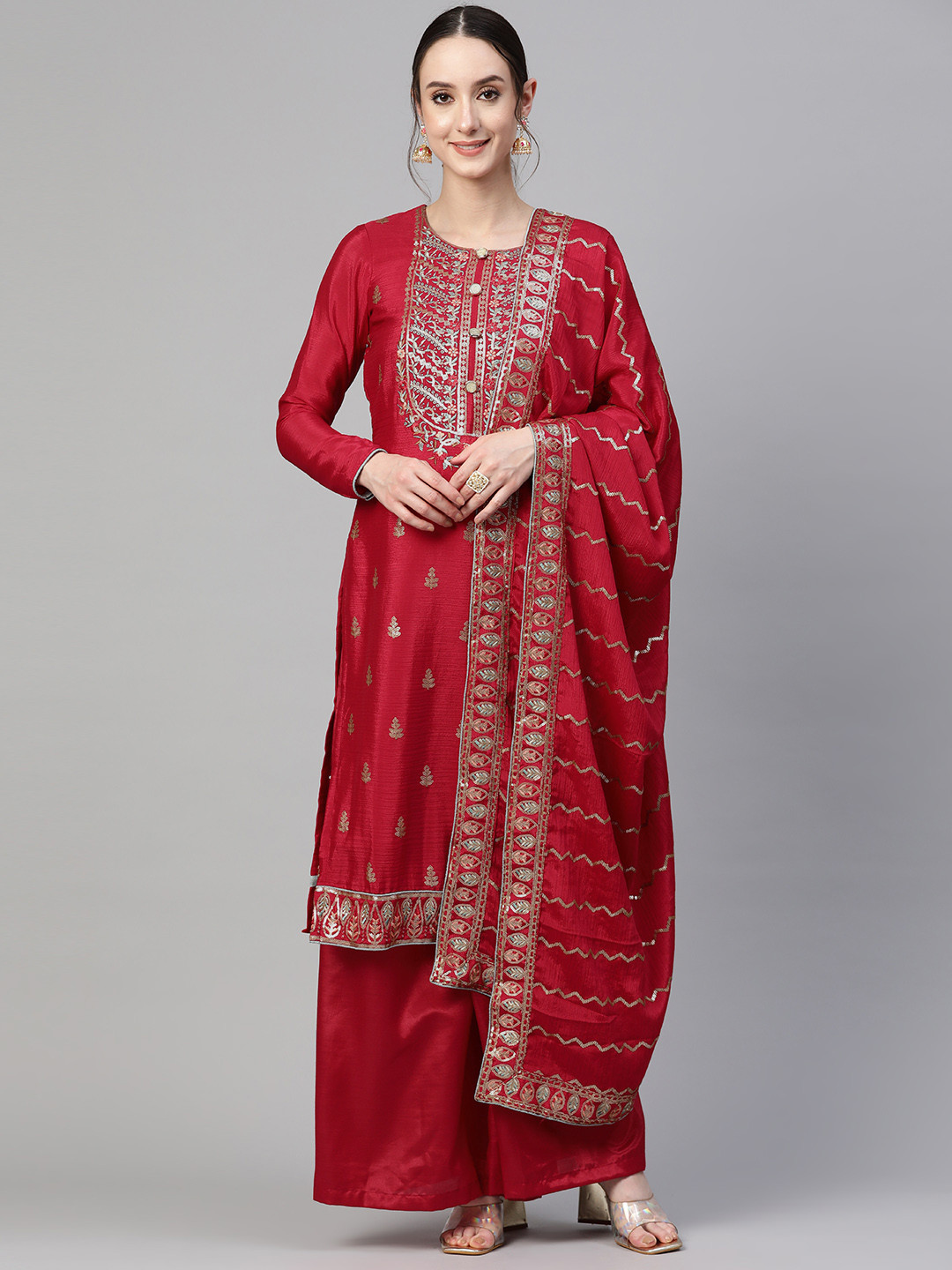

Readiprint Fashions Floral Embroidered Silk Crepe Semi-Stitched Dress Material, Magenta