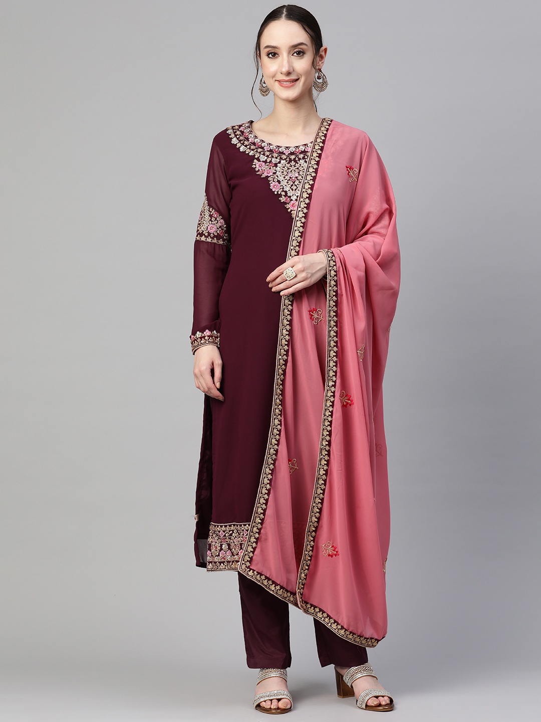 

Readiprint Fashions Floral Zari Embroidered Semi-Stitched Dress Material, Burgundy