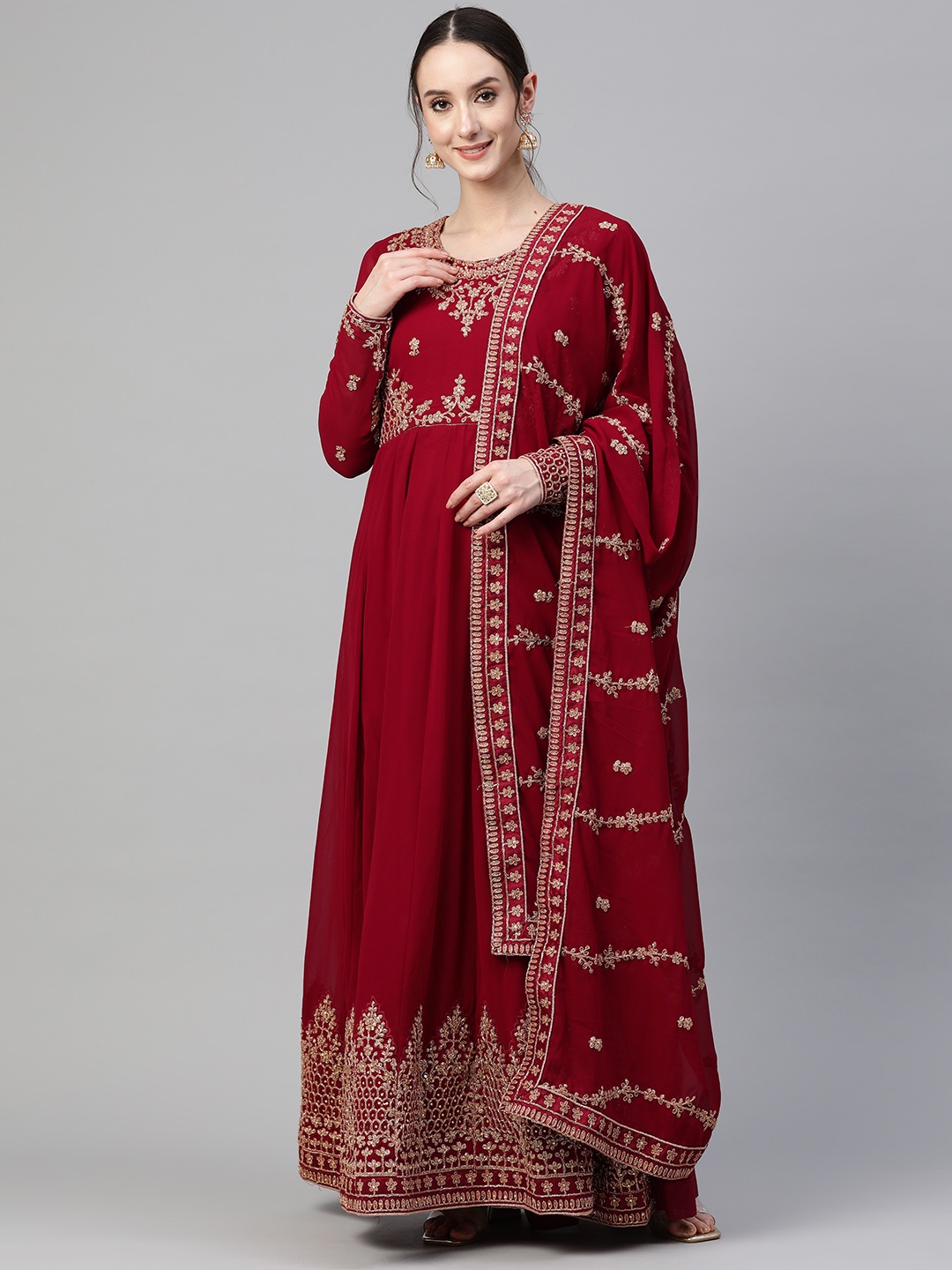 

Readiprint Fashions Floral Zari Embroidered Semi-Stitched Dress Material, Maroon