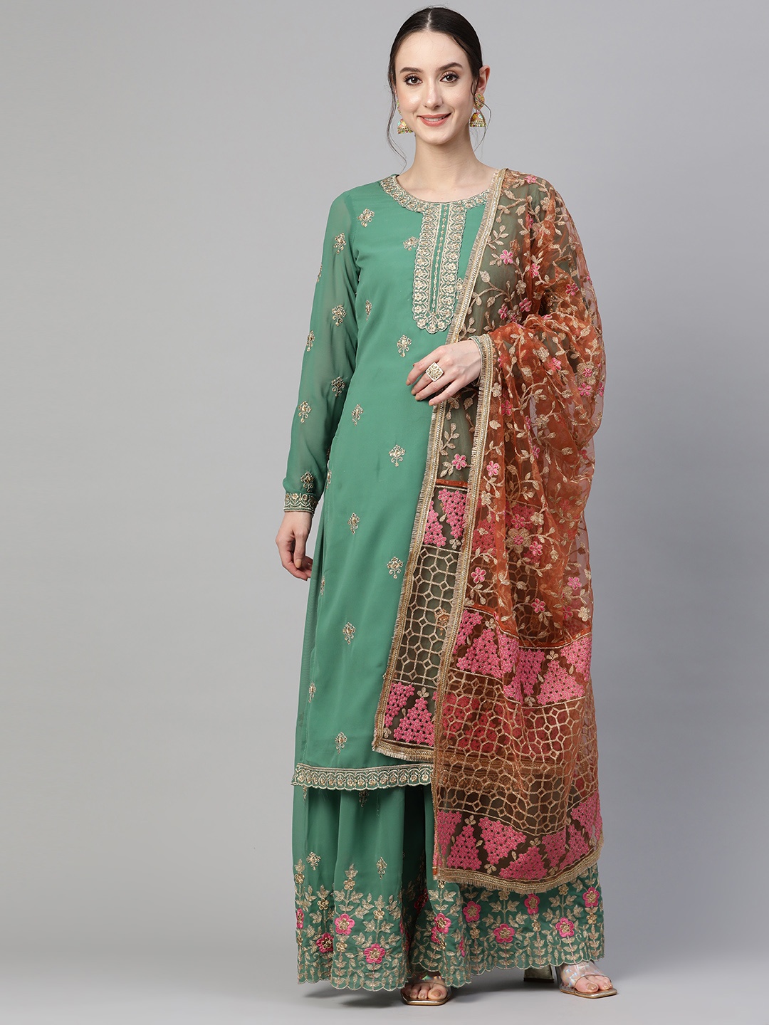 

Readiprint Fashions Floral Zari Embroidered Semi-Stitched Dress Material, Green