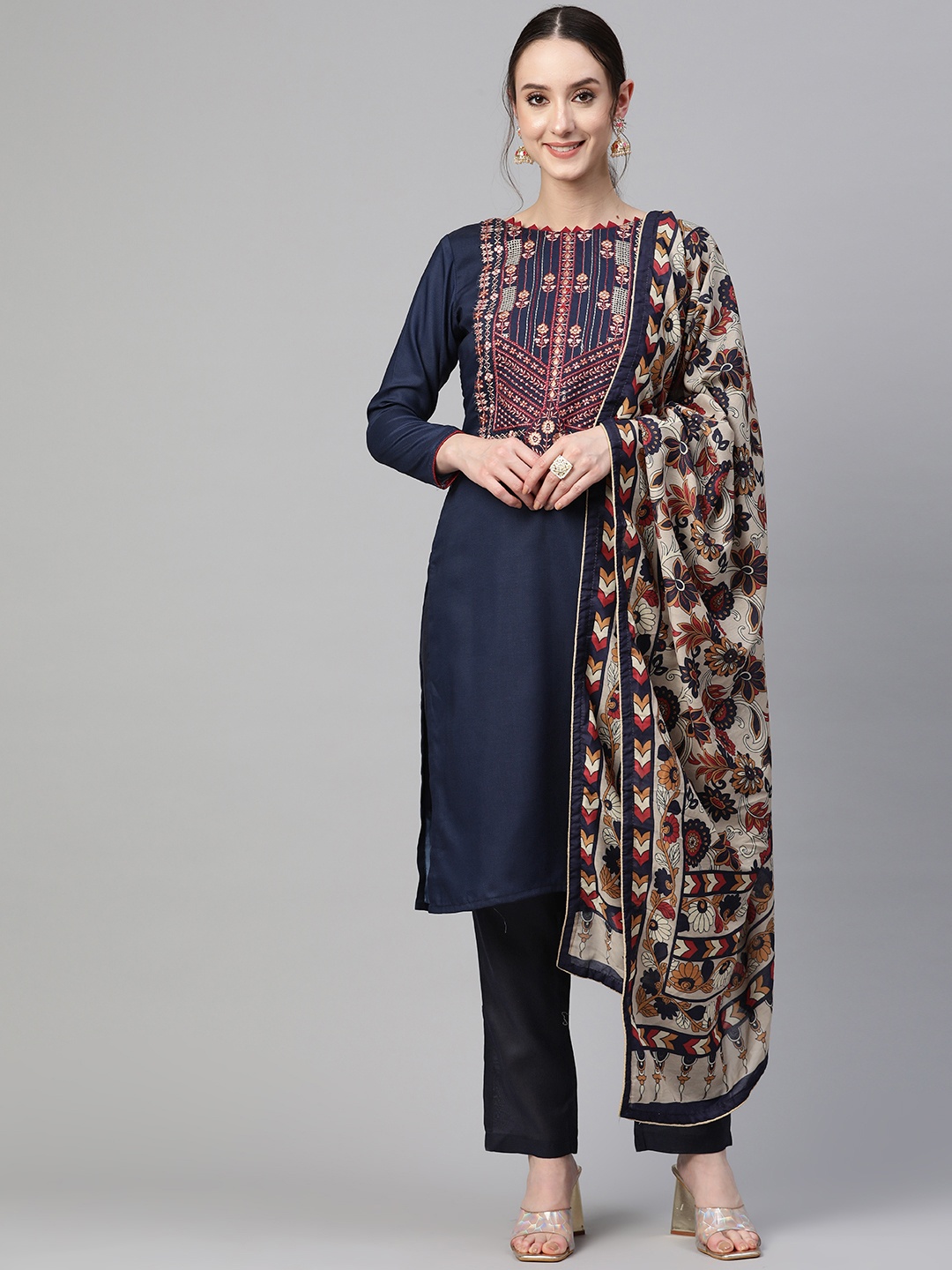 

Readiprint Fashions Floral Zari Embroidered Semi-Stitched Dress Material, Navy blue