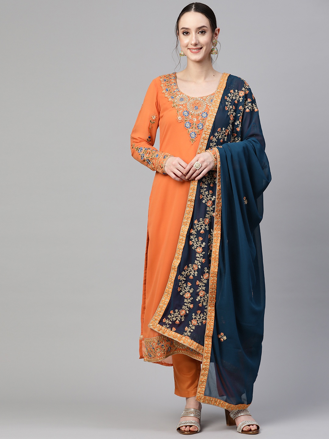 

Readiprint Fashions Floral Zari Embroidered Semi-Stitched Dress Material, Orange
