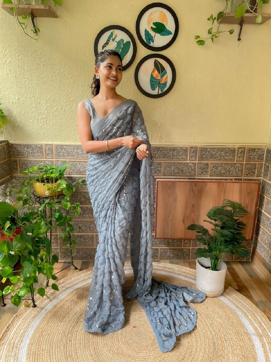 

Mitera Embellished Sequinned Poly Georgette Saree, Grey