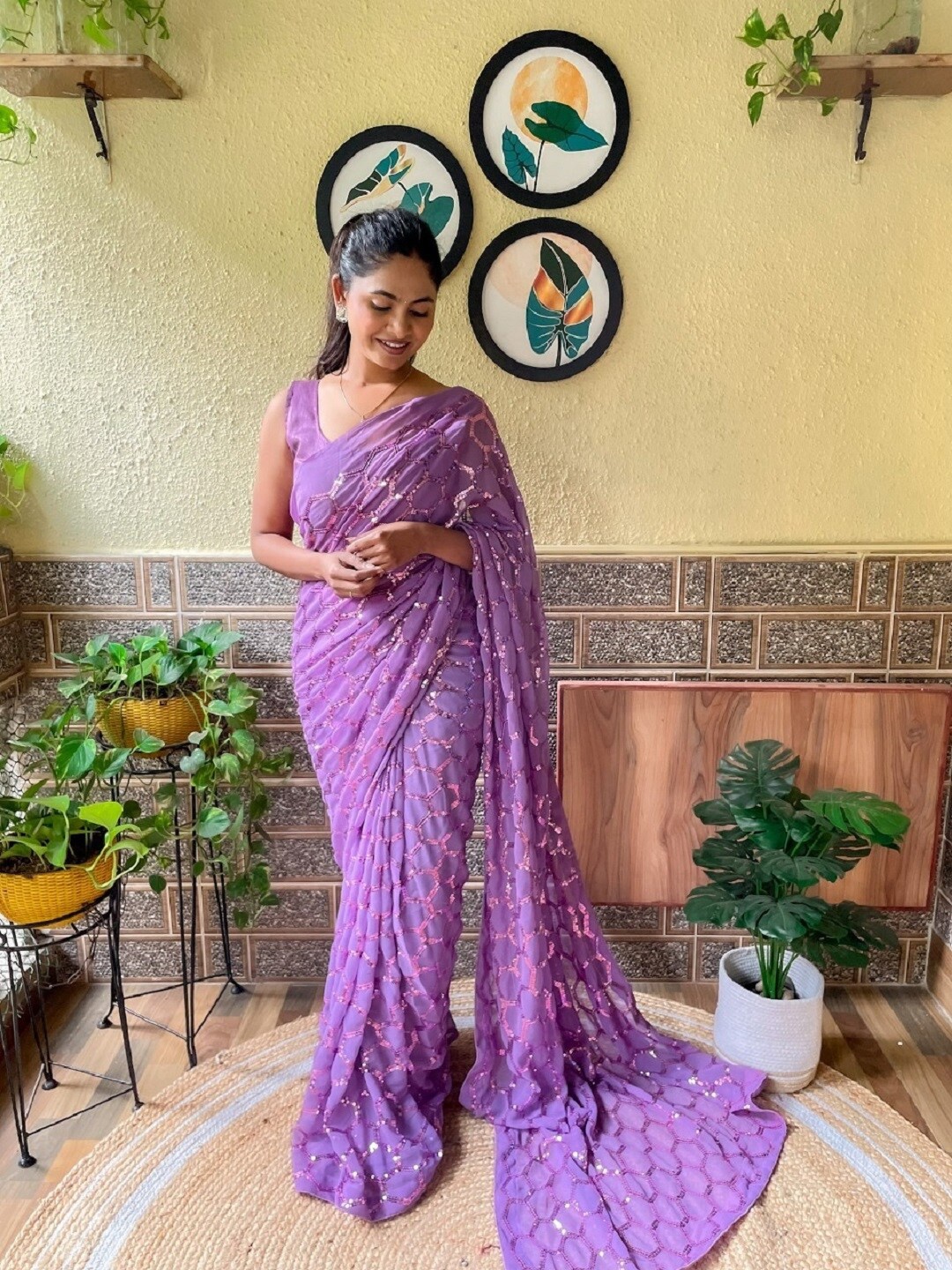 

Mitera Embellished Sequinned Poly Georgette Saree, Purple