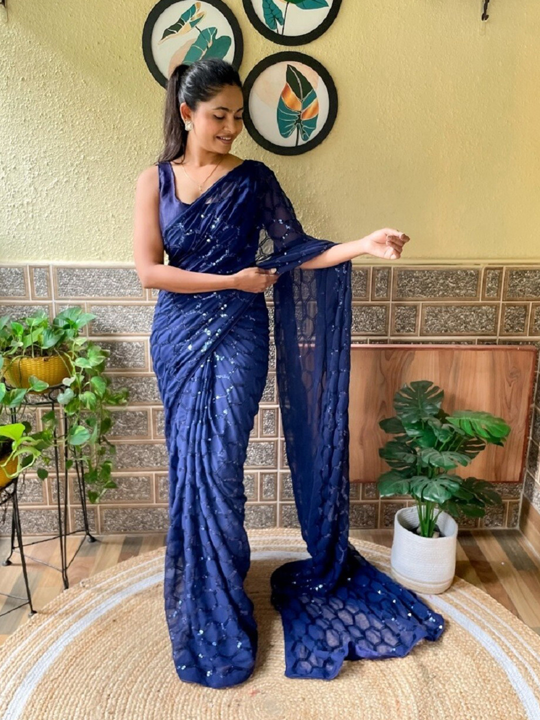 

Mitera Embellished Sequinned Poly Georgette Saree, Navy blue