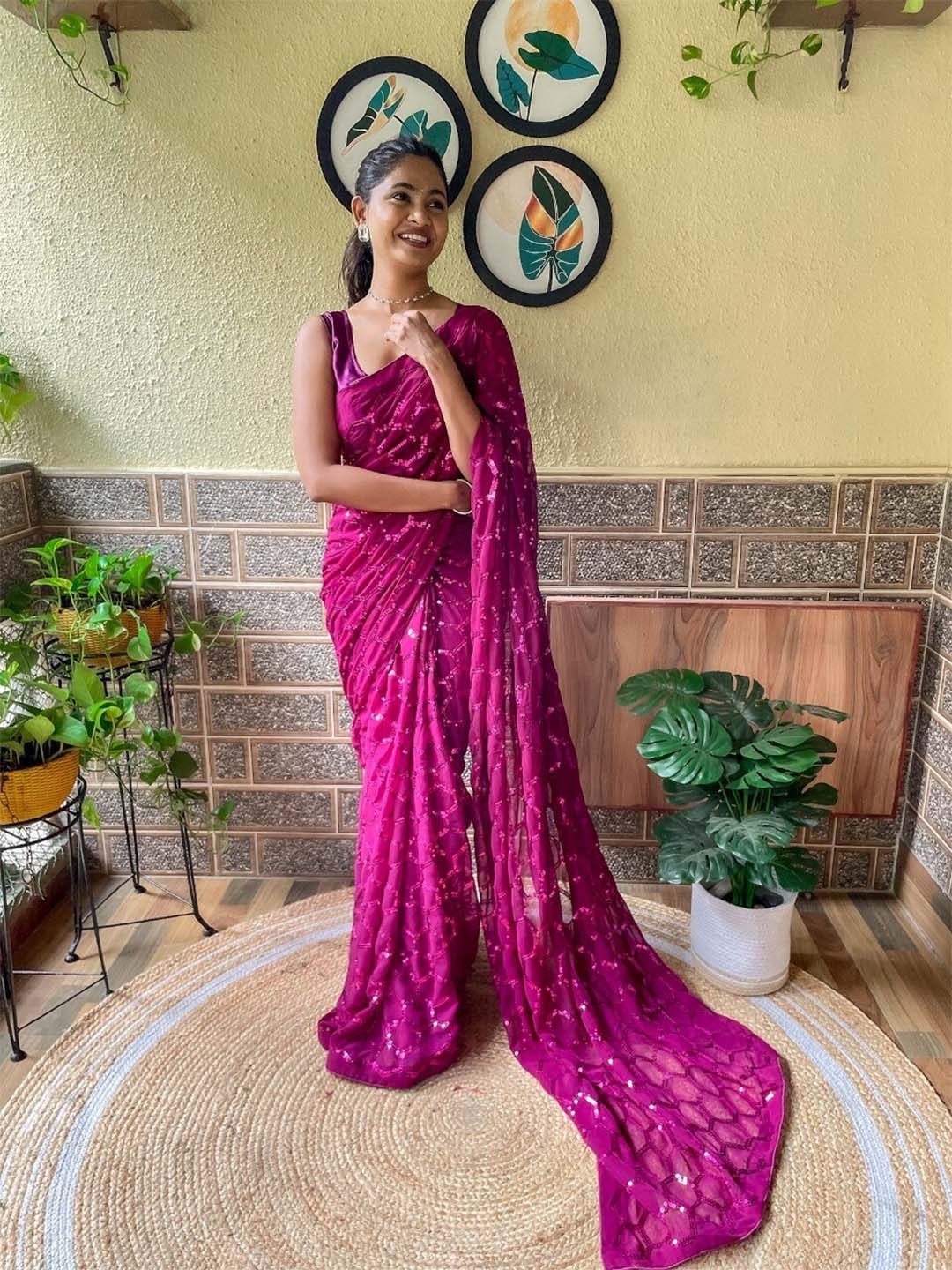 

Mitera Embellished Sequinned Poly Georgette Saree, Purple