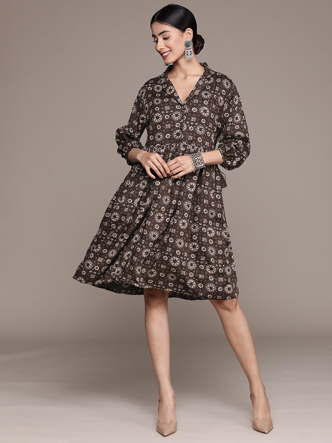 

Anubhutee Ethnic Motifs Print Puff Sleeves A-Line Ethnic Dress, Brown