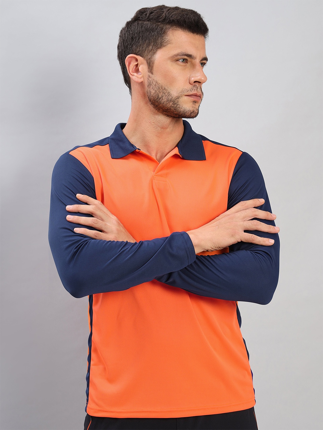 

Technosport Colourblocked Polo Collar Antimicrobial Training or Gym Slim Fit T-shirt, Orange