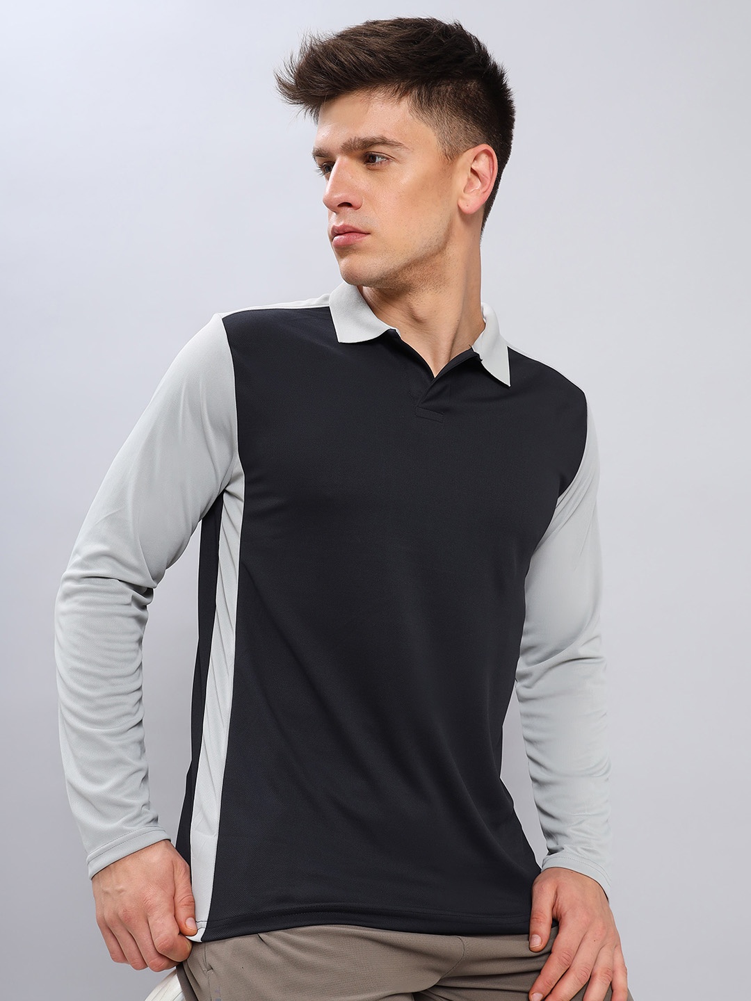 

Technosport Colourblocked Polo Collar Antimicrobial Slim Fit T-shirt, Black