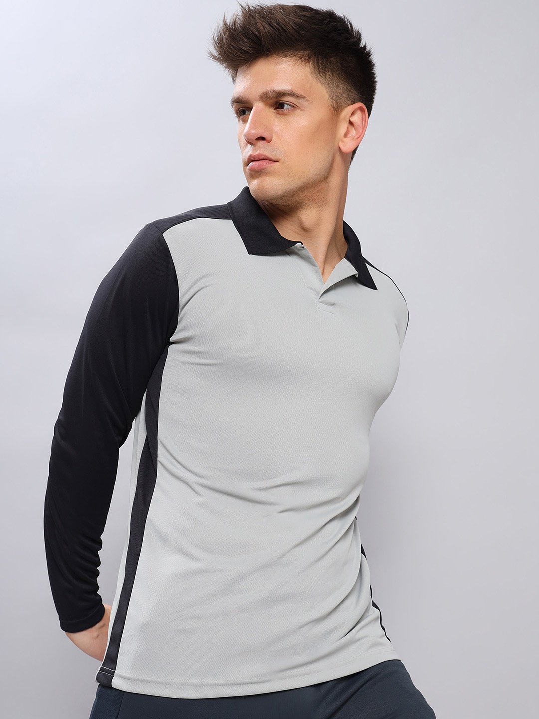 

Technosport Colourblocked Polo Collar Antimicrobial Slim Fit T-shirt, Grey
