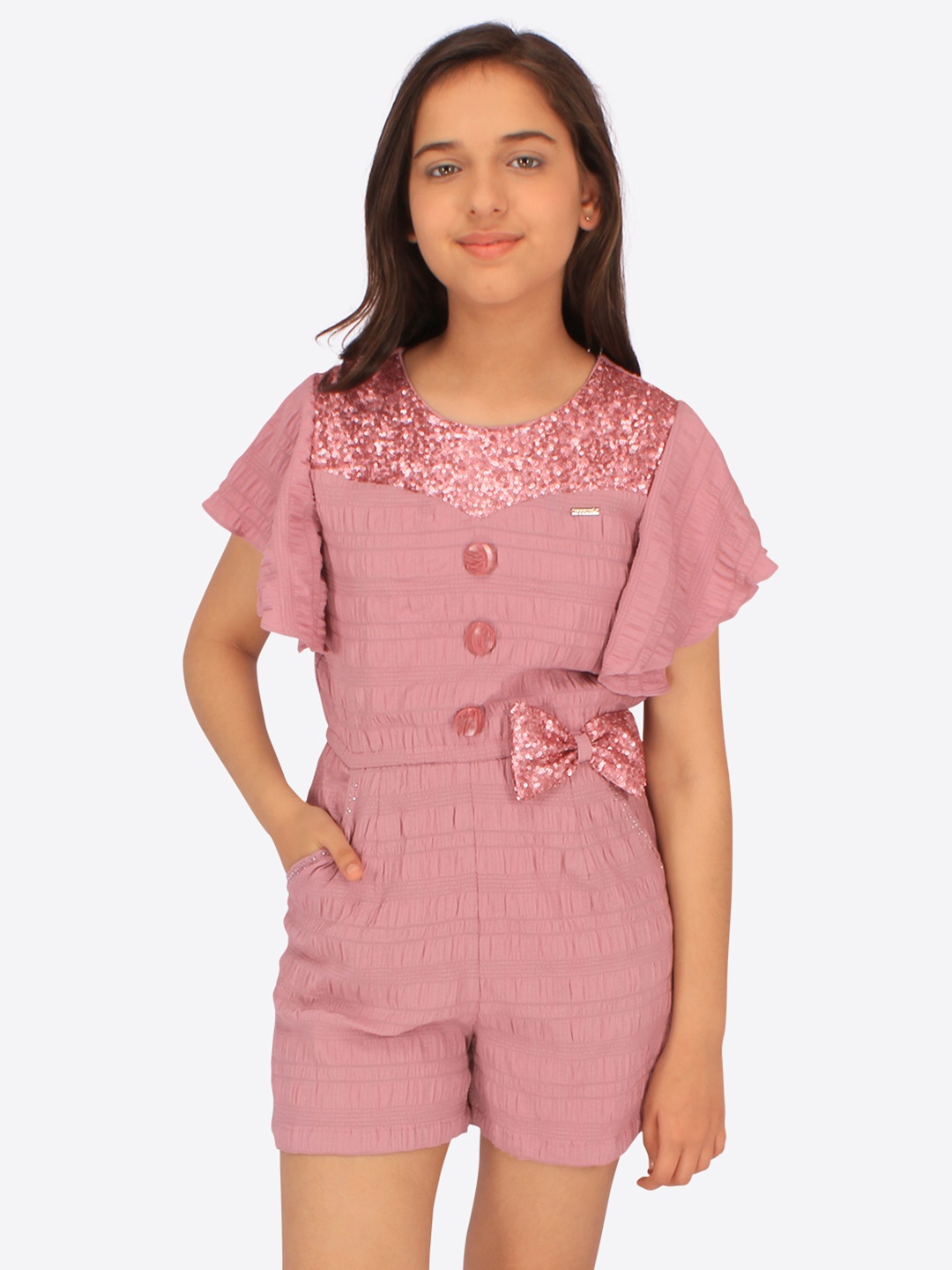 

CUTECUMBER Girls Embellished Bow Detail Playsuit, Pink