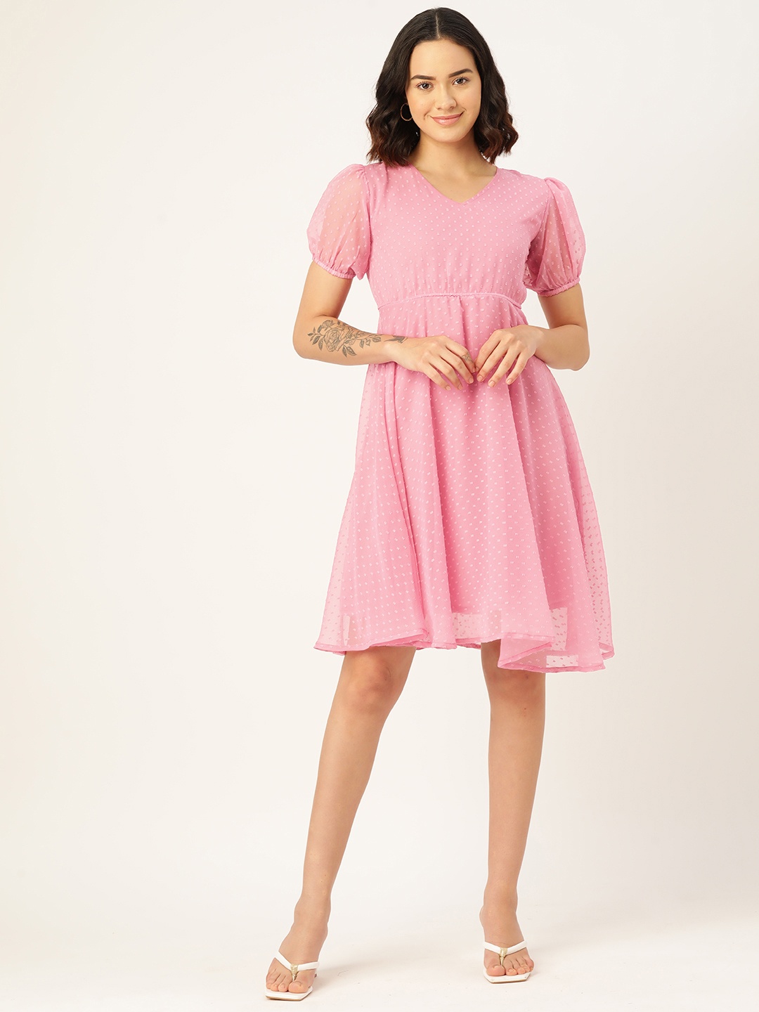 

WISSTLER Puff Sleeve Georgette Fit & Flare Dress, Pink