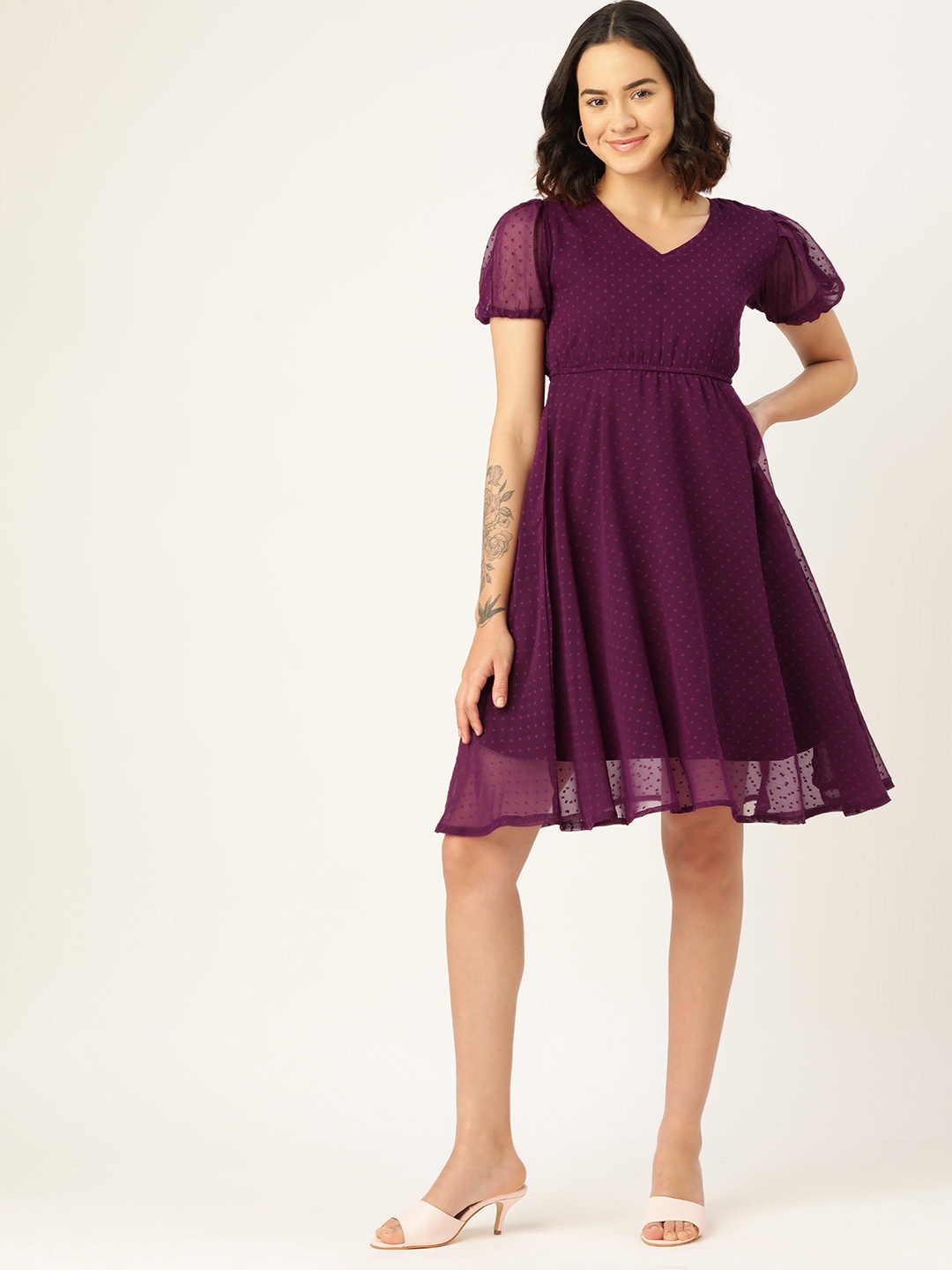 

WISSTLER Puff Sleeve Georgette Fit & Flare Dress, Purple