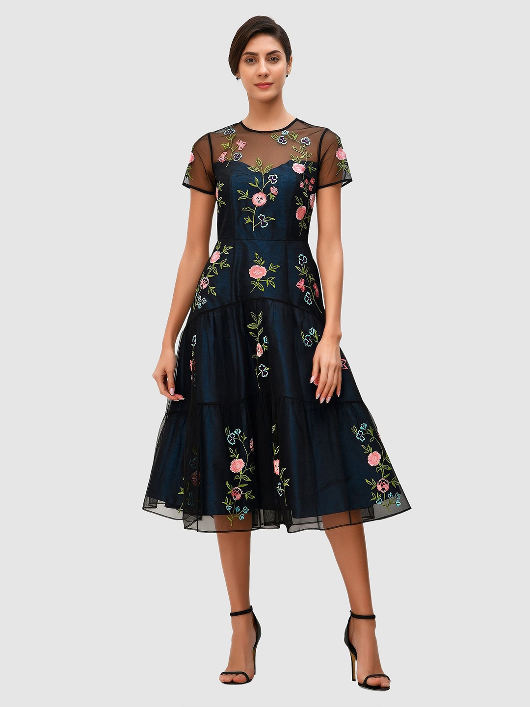 

Zapelle Round Neck Floral Embroidery Fit & Flare Midi Dress, Teal