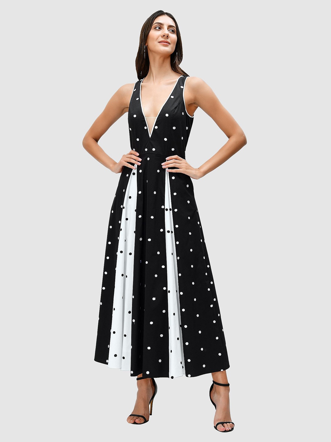 

Zapelle V-Neck Polka Dot Printed Fit & Flare Dress, Black