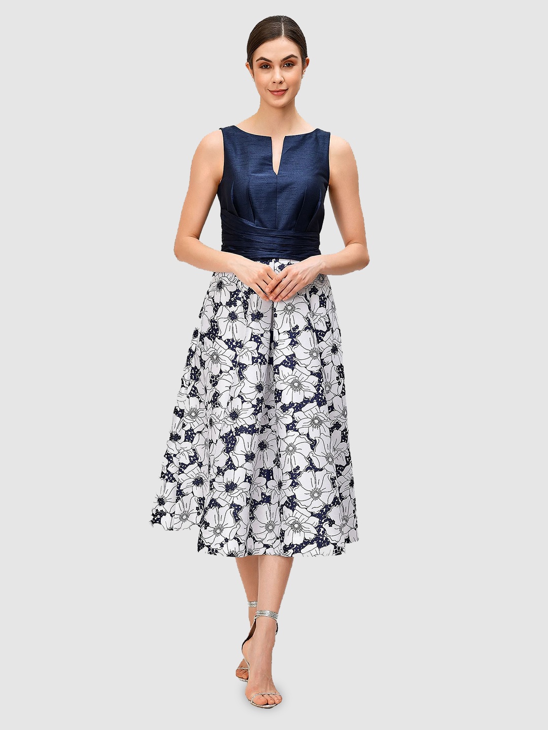 

Zapelle Round Neck Floral Printed Silk Fit & Flare Midi Dress, Navy blue