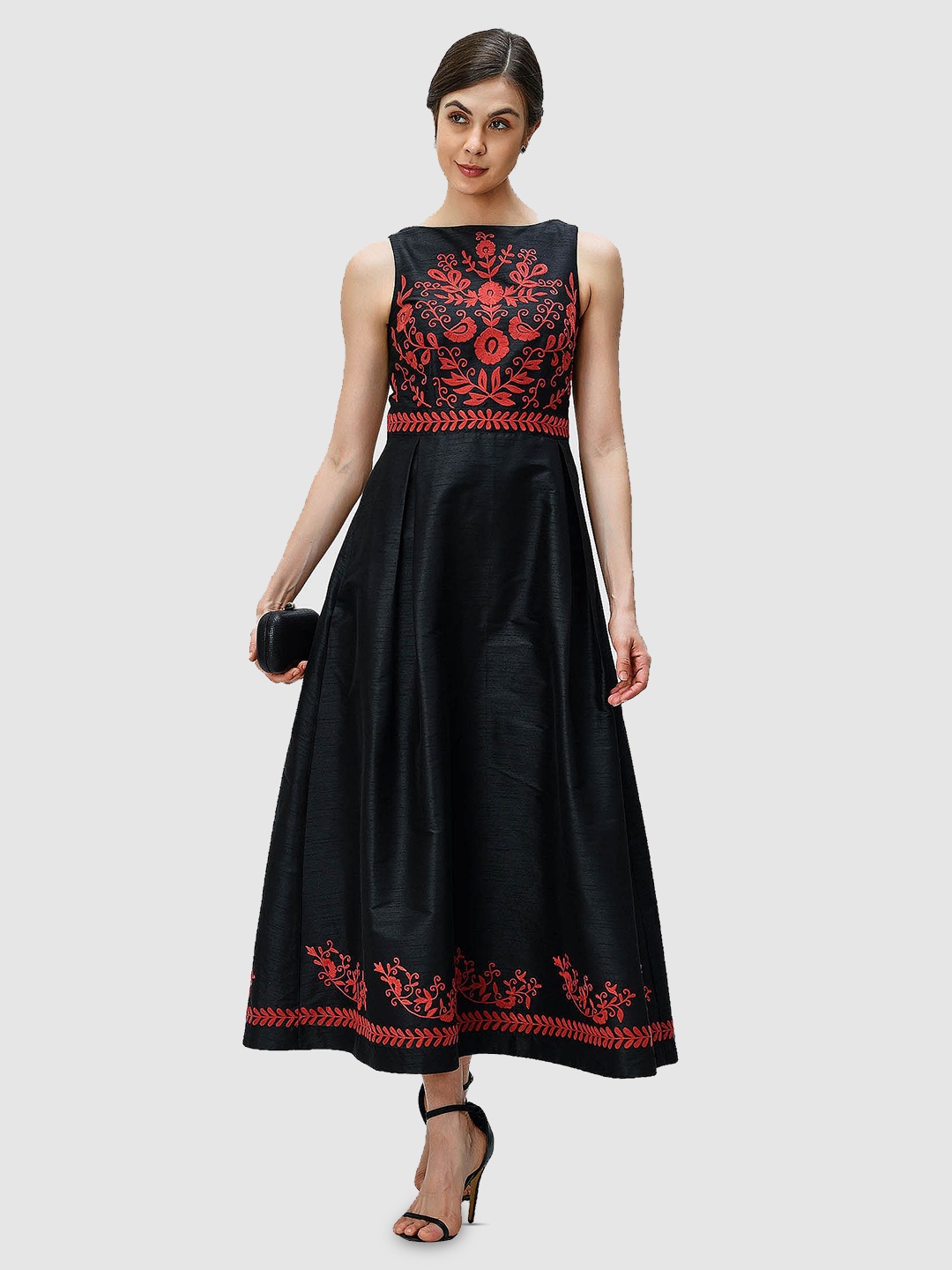 

Zapelle Boat Neck Floral Embroidery Fit & Flare Maxi Dress, Black