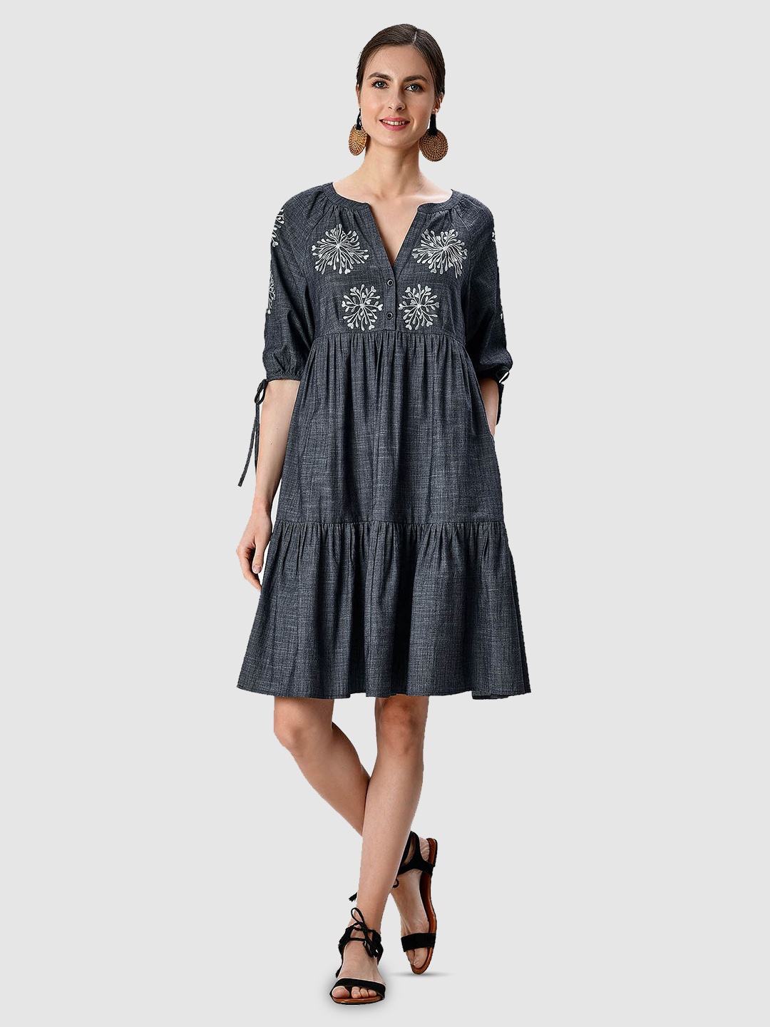 

Zapelle Round Neck Floral Embroidery Tiered Cotton Chambray A-Line Dress, Blue