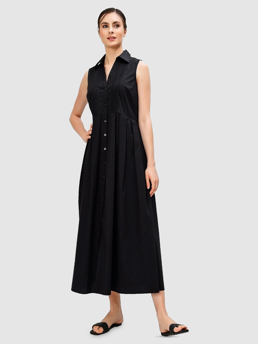 

Zapelle Shirt Collar Pintuck Midi Shirt Dress, Black