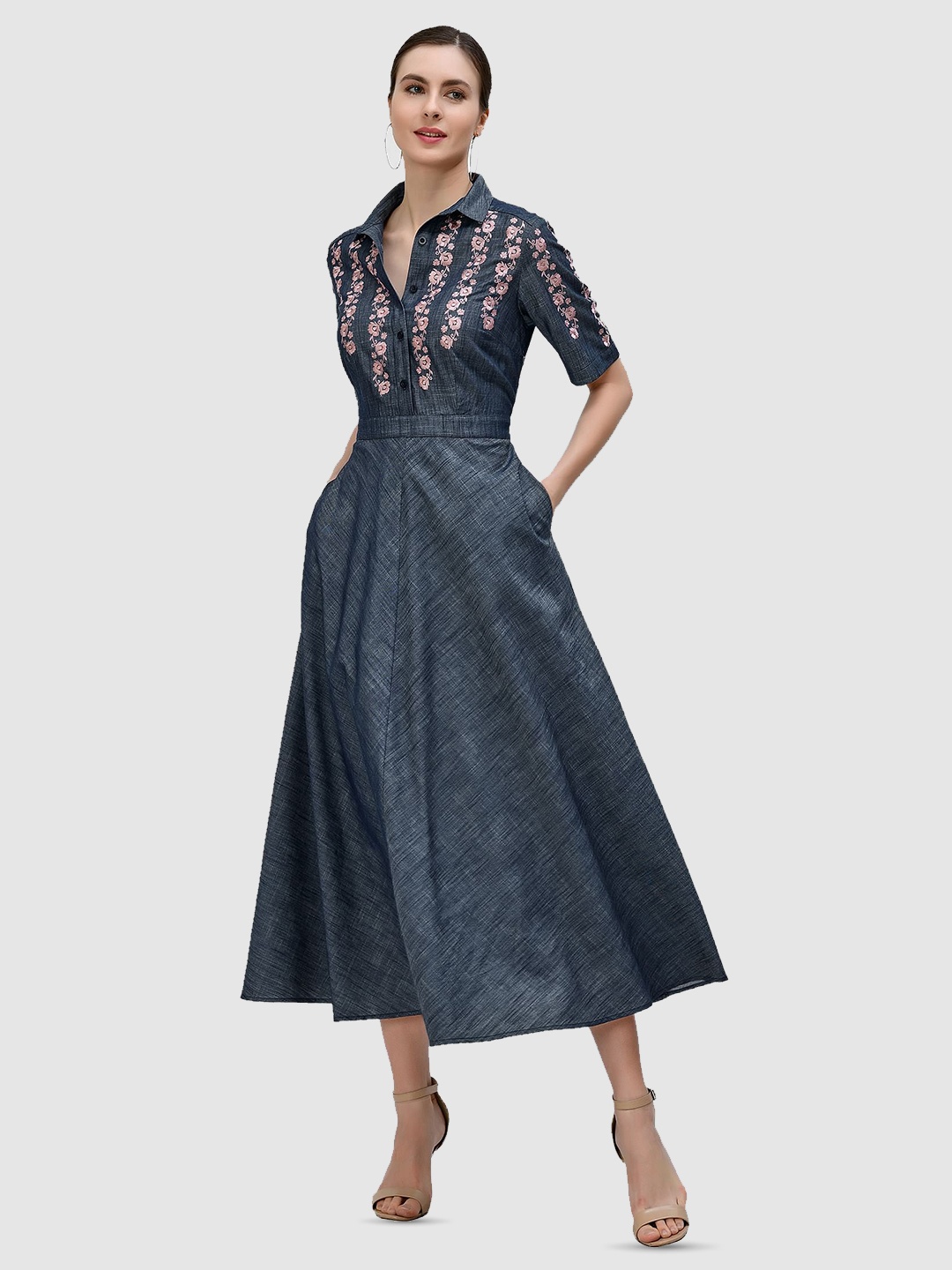 

Zapelle Shirt Collar Floral Embroidery Tiered Cotton Chambray A-Line Dress, Blue
